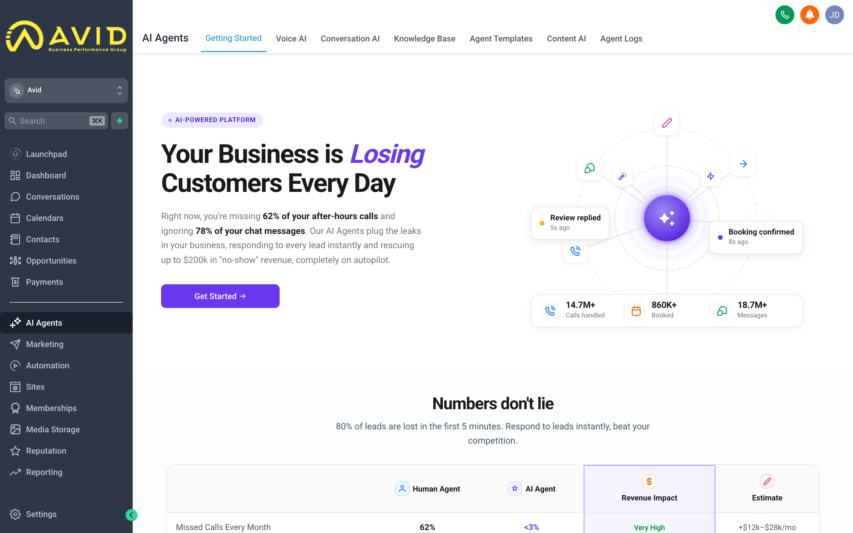 The AI Agents overview screen showing Conversation AI and Voice AI options with their configuration status
