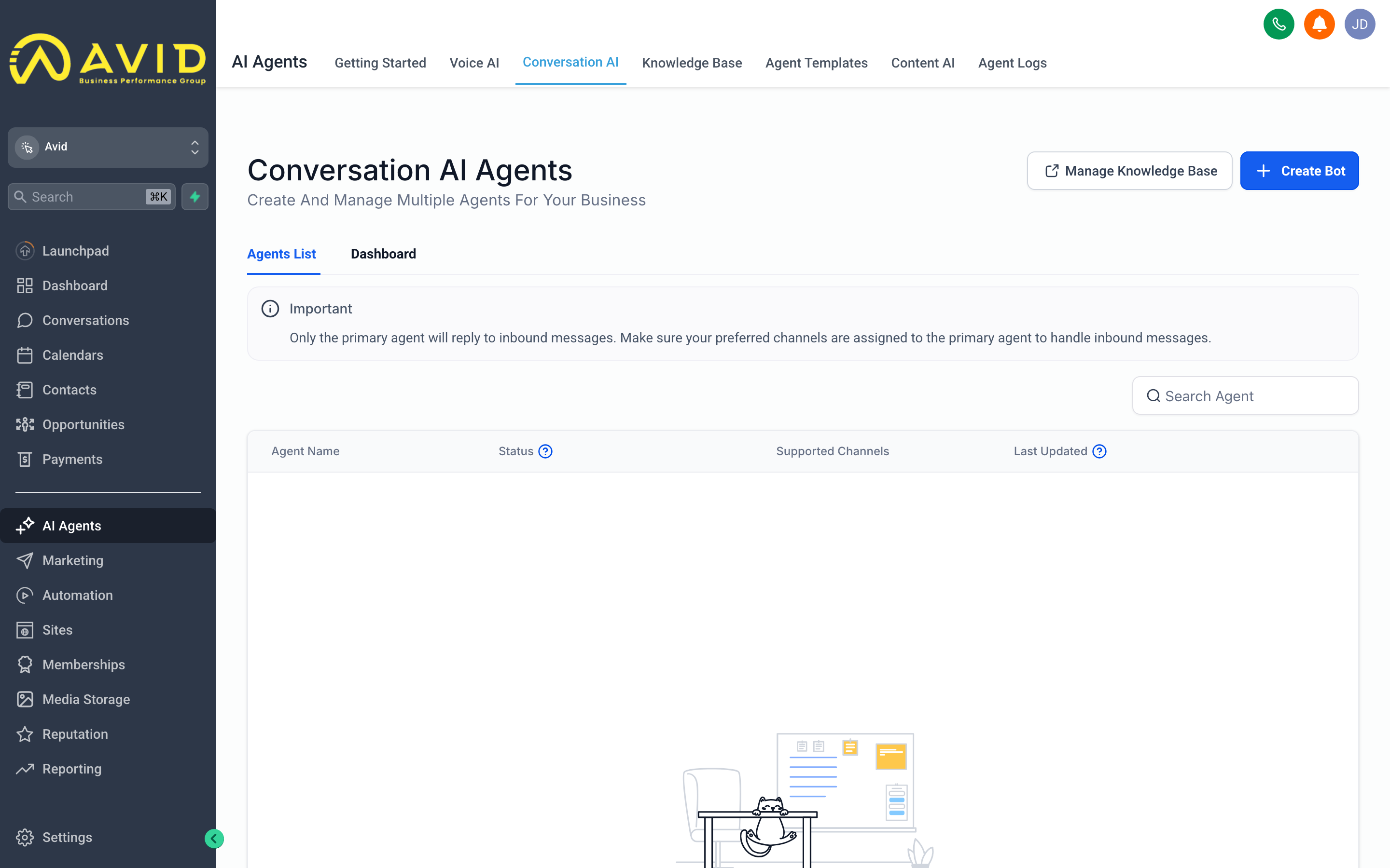 The Conversation AI configuration screen showing the bot persona, knowledge base, and channel toggles