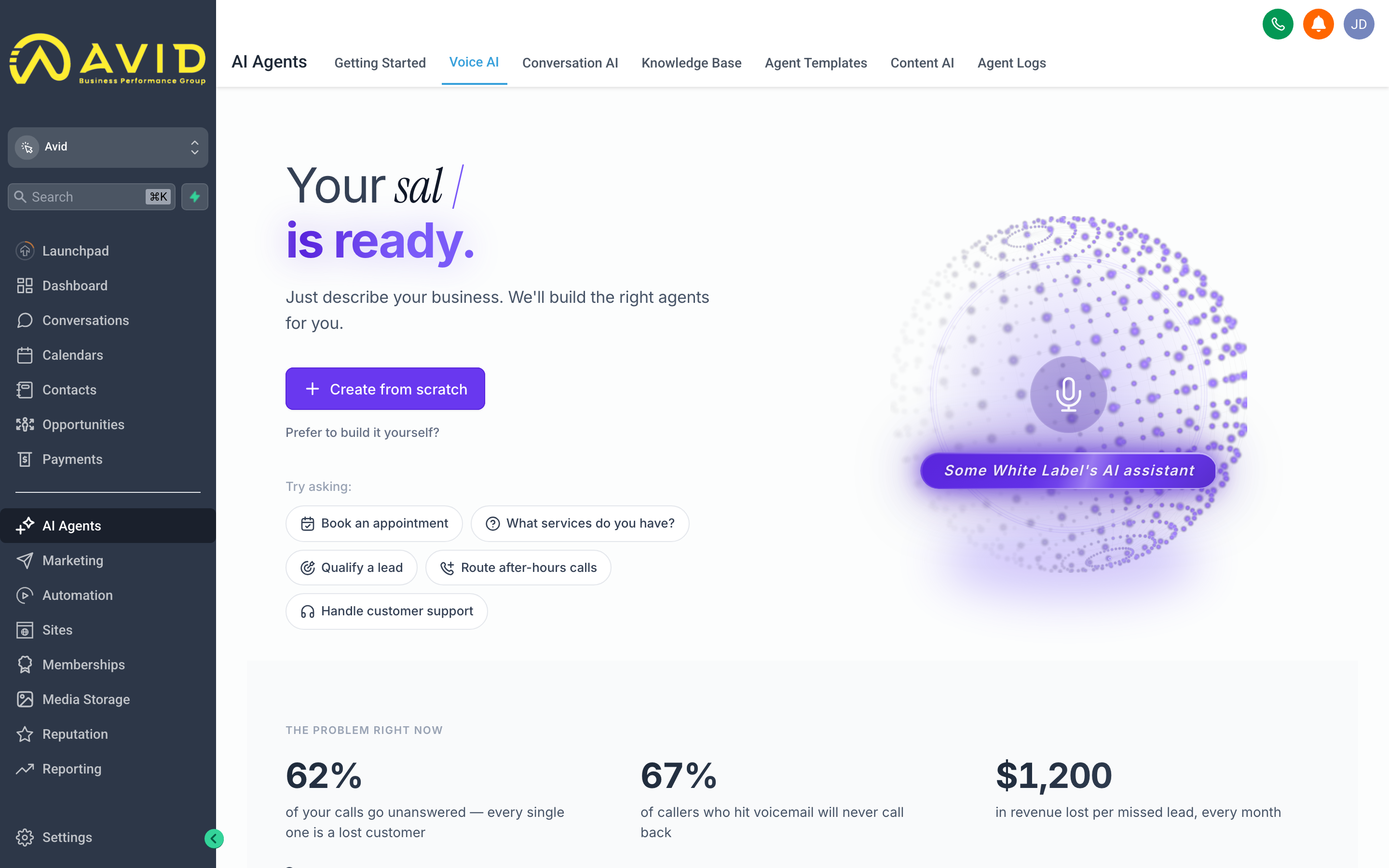 The Voice AI configuration screen showing the voice selection, call flow, and appointment booking settings