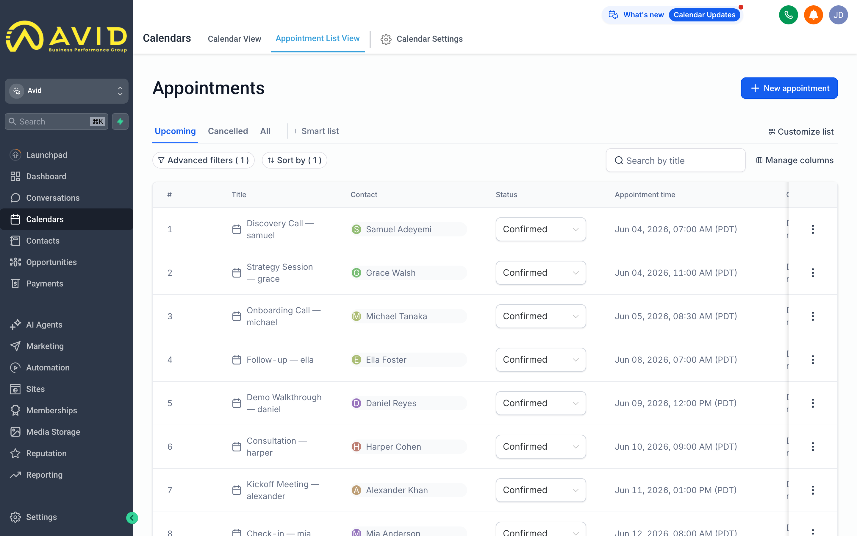 The Avid Appointments list showing a sortable table of bookings with columns for contact name, date, calendar, and status