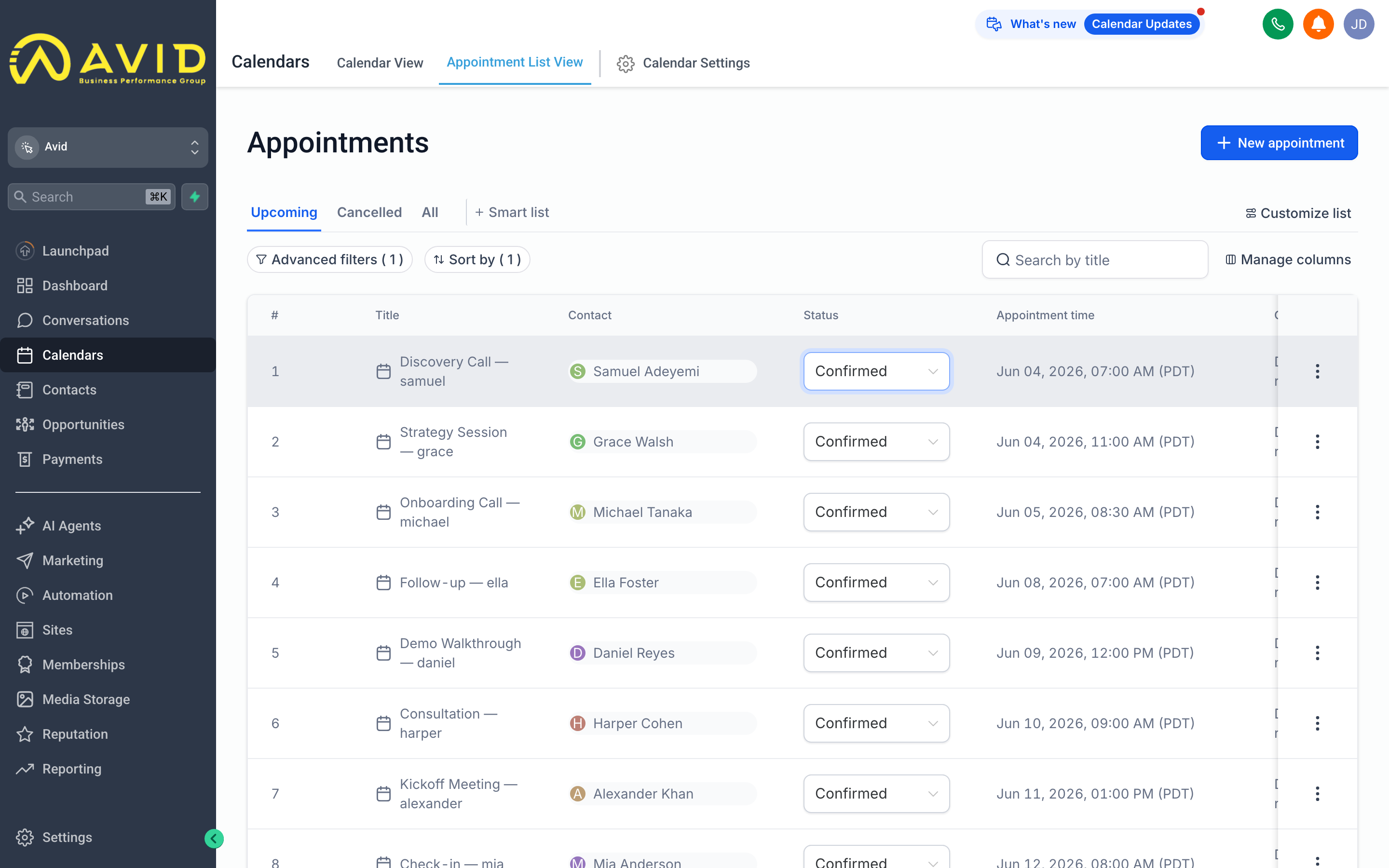 Appointment detail panel showing the contact name, date and time, calendar, status dropdown, and internal notes