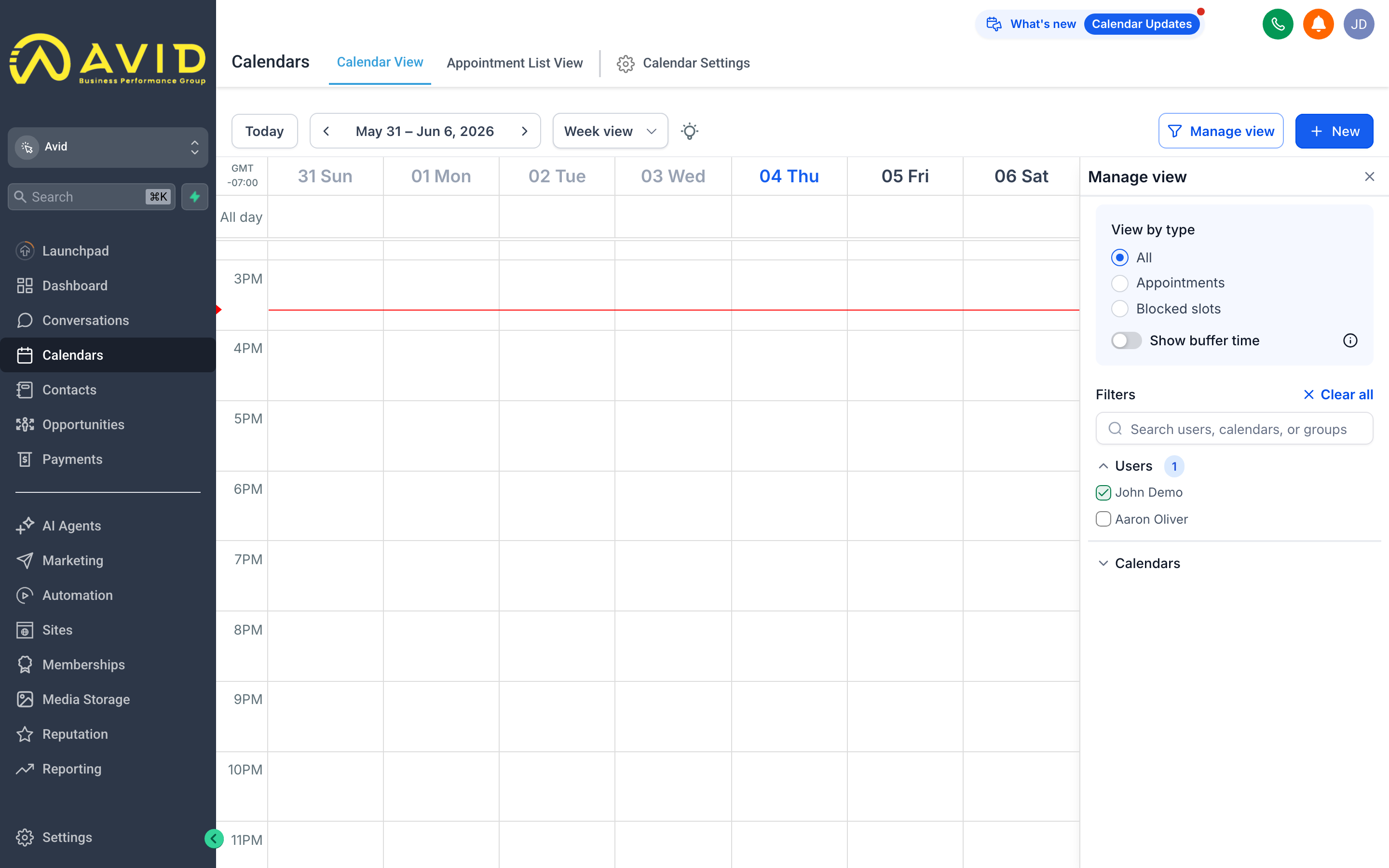 The Avid Calendars view showing a weekly calendar grid with color-coded appointment blocks
