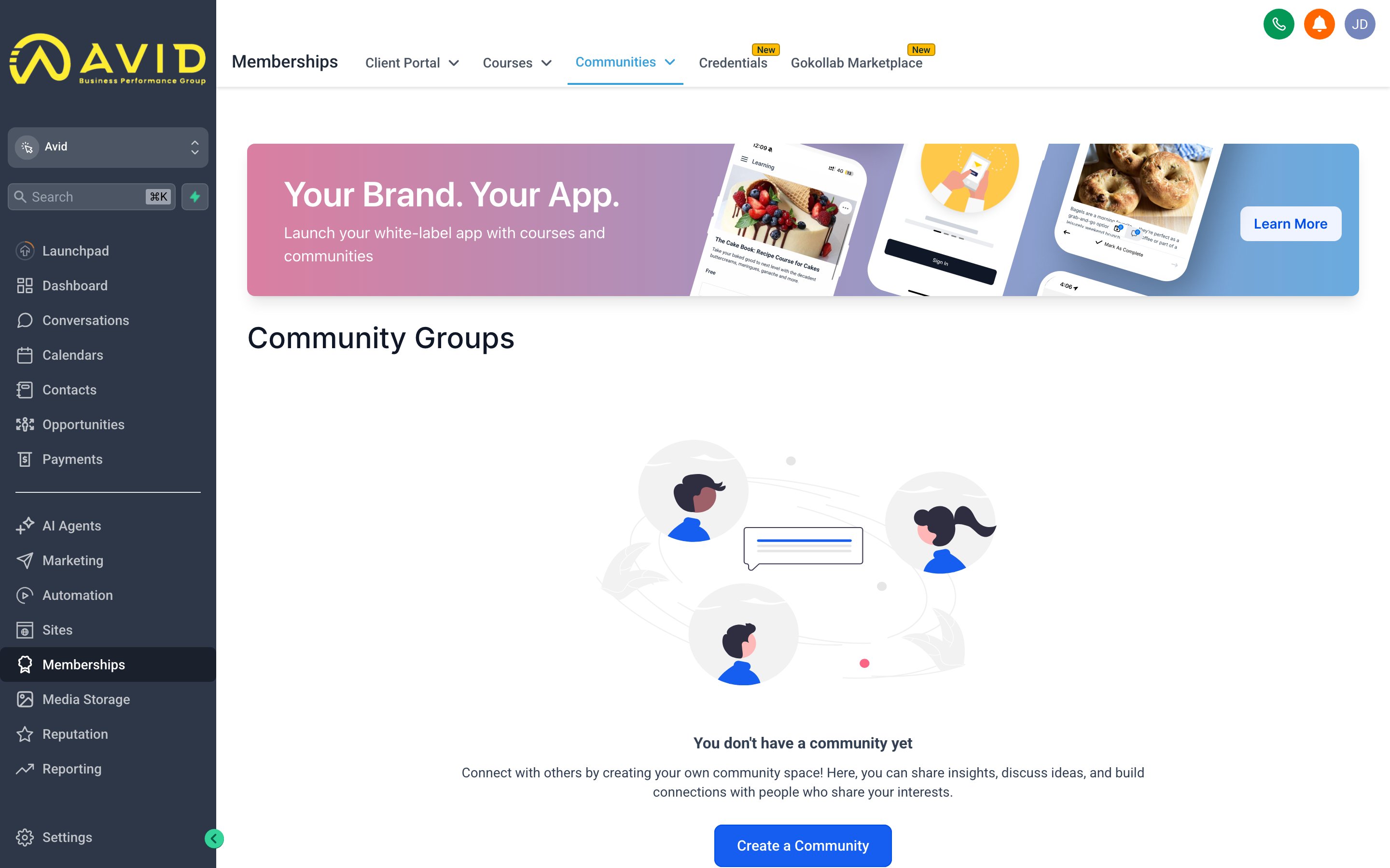 The Communities interface showing a branded group space with a feed of posts, a members list sidebar, and navigation tabs for channels, courses, and events