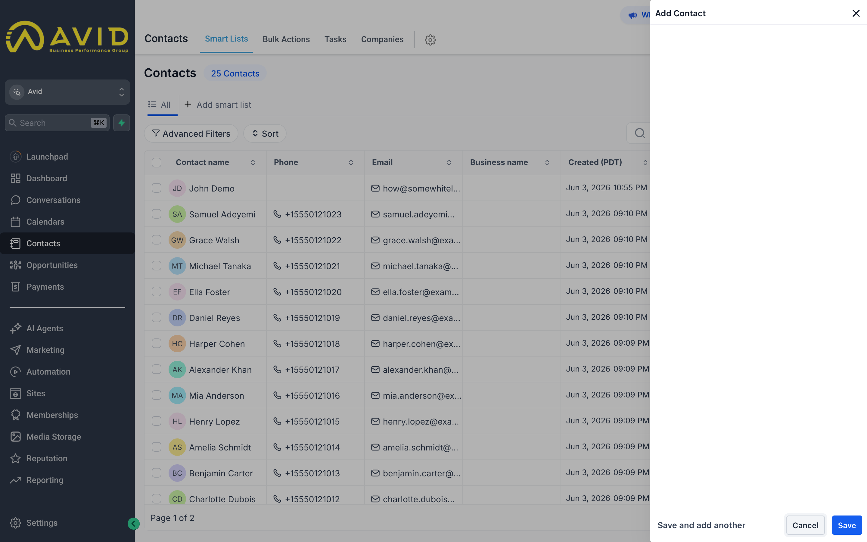 New Contact form panel with fields for name, phone, email, tags, and additional details