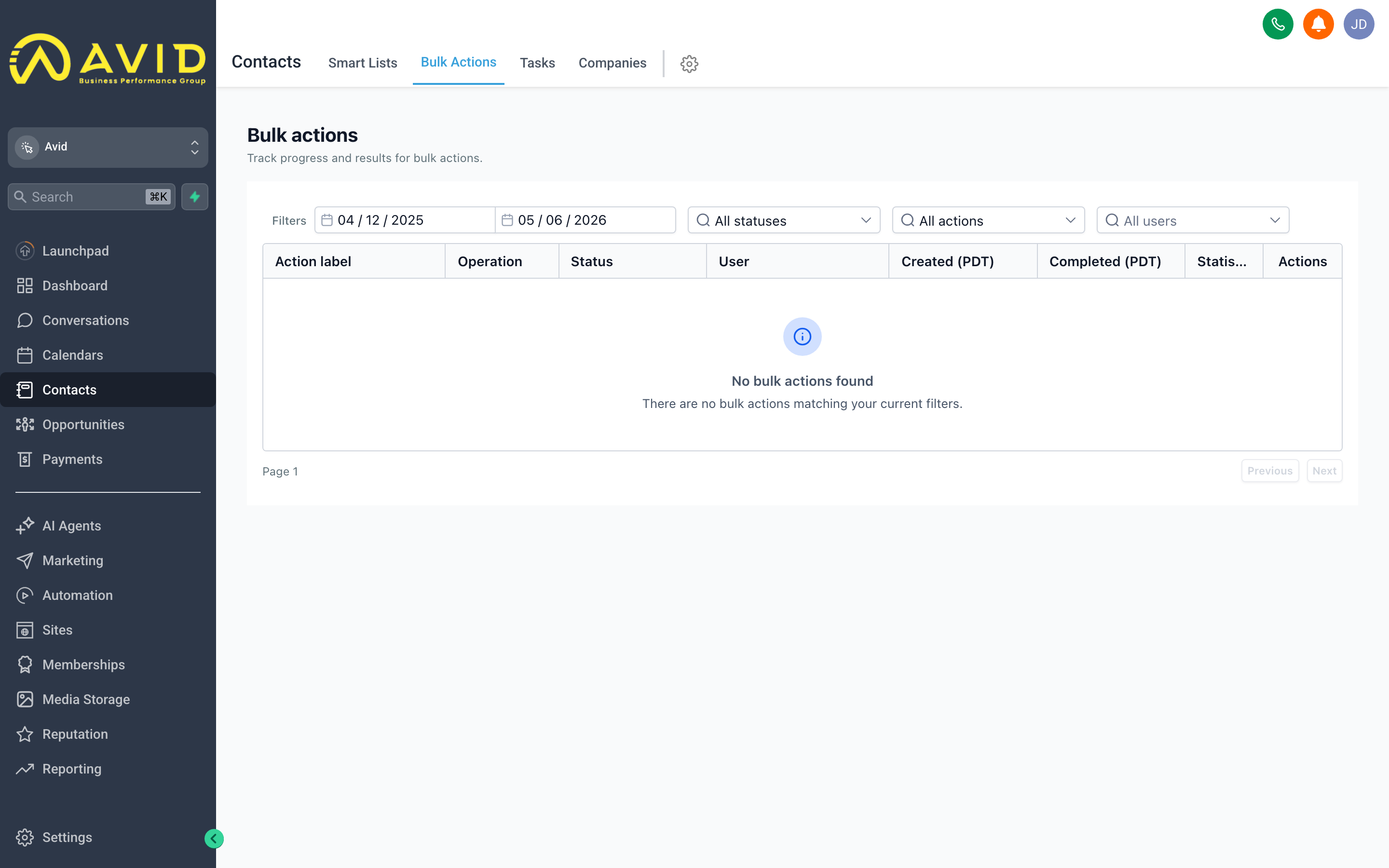 The Contacts list with multiple contacts selected via checkboxes, and the Bulk Actions menu open showing options to tag, export, add to workflow, or delete