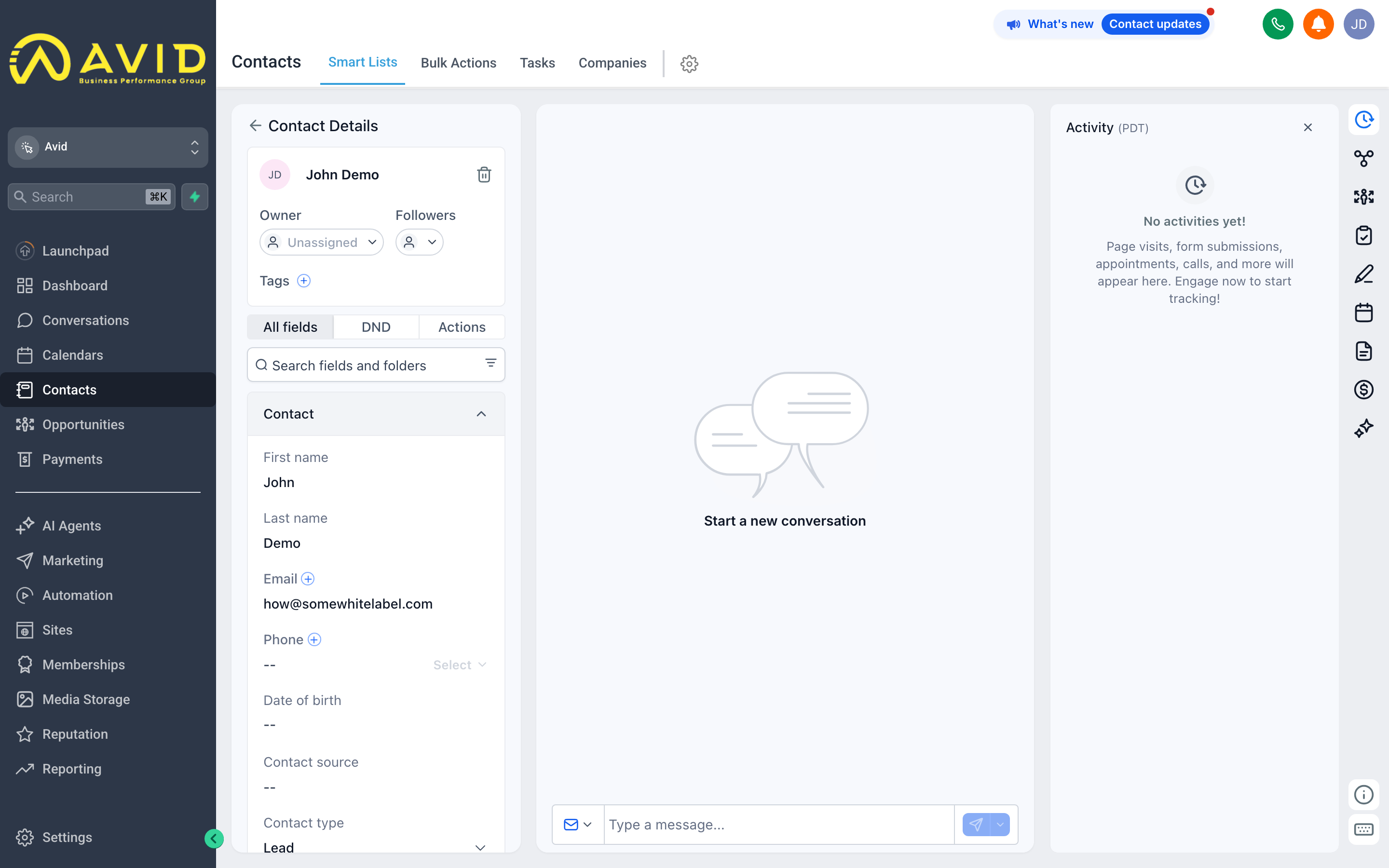 Full contact detail view showing profile fields, activity timeline, tags, opportunities, and conversation history