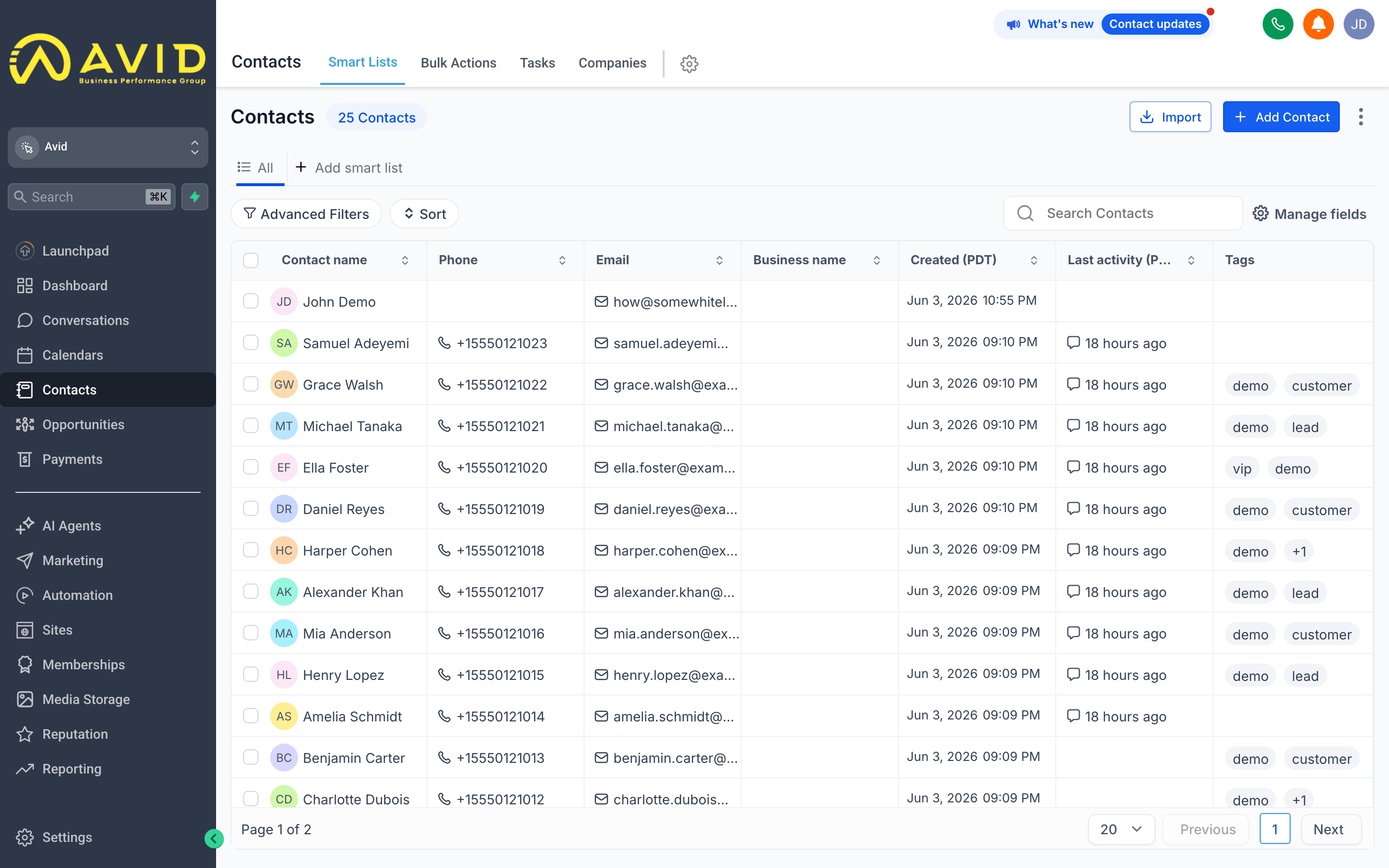 The Contacts list view showing a table of contacts with columns for name, phone, email, tags, and lead source