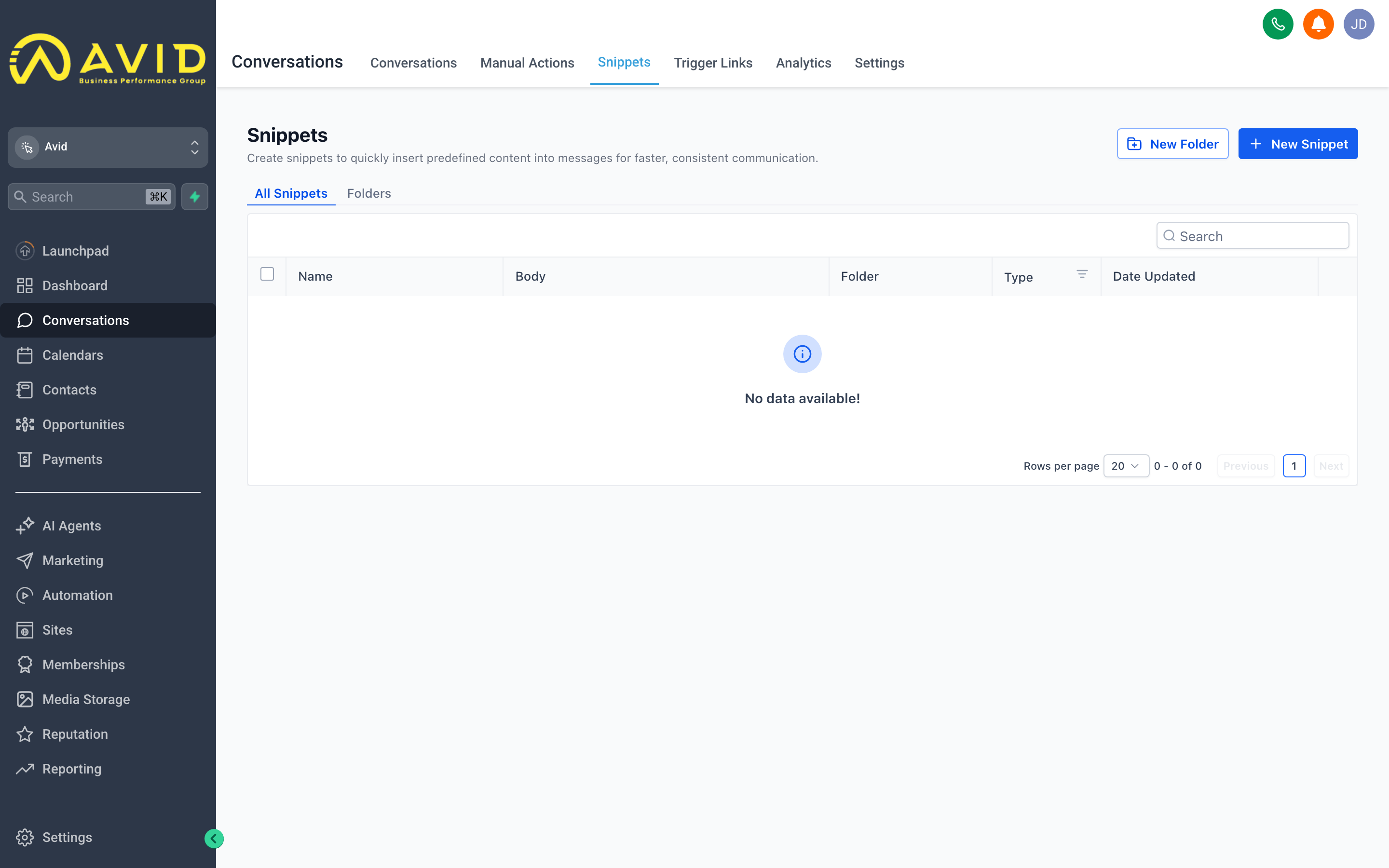 The Snippets panel open inside a conversation, showing a list of saved reply templates ready to insert