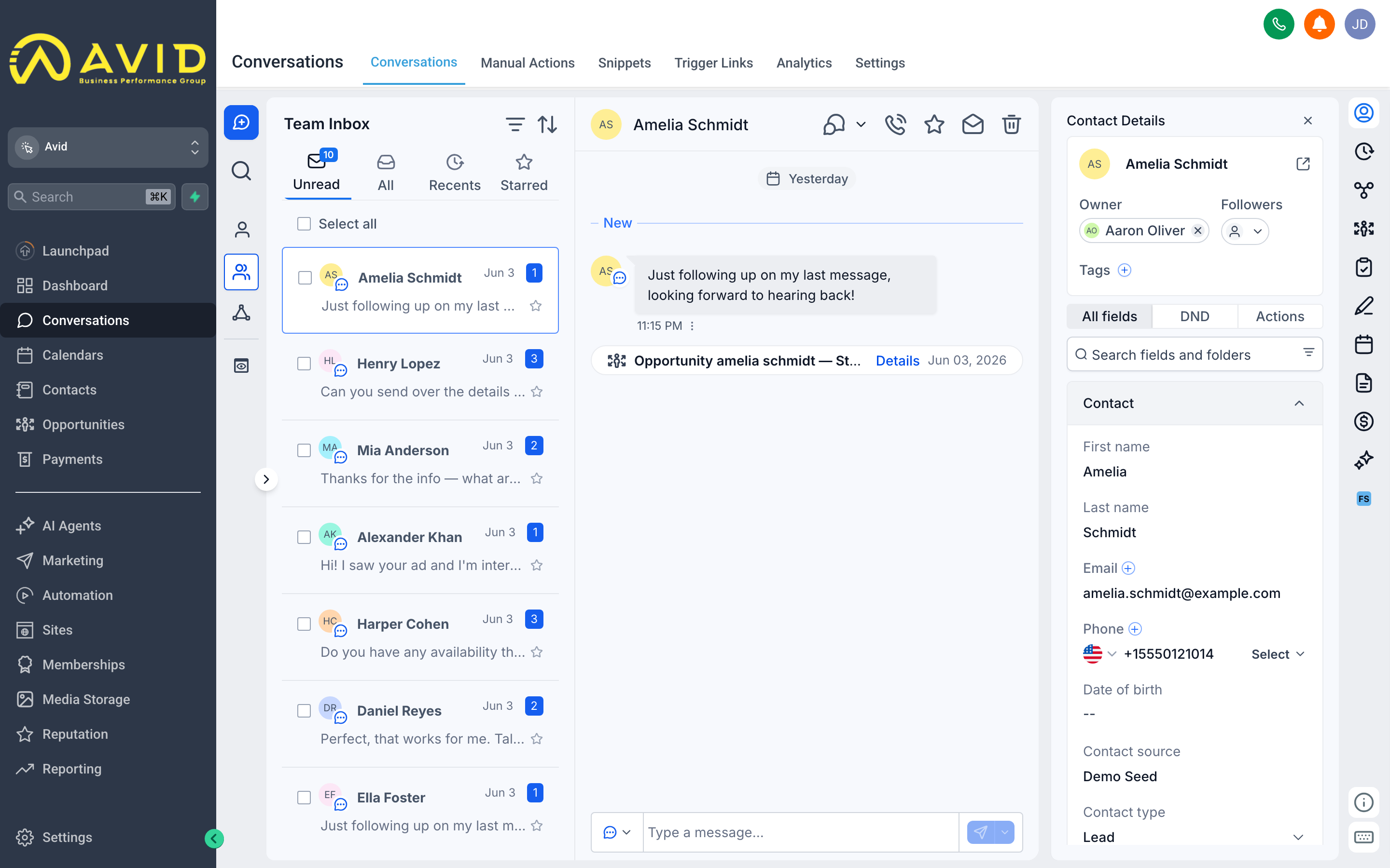 The Conversations inbox showing a list of message threads on the left and an open thread with a reply box on the right