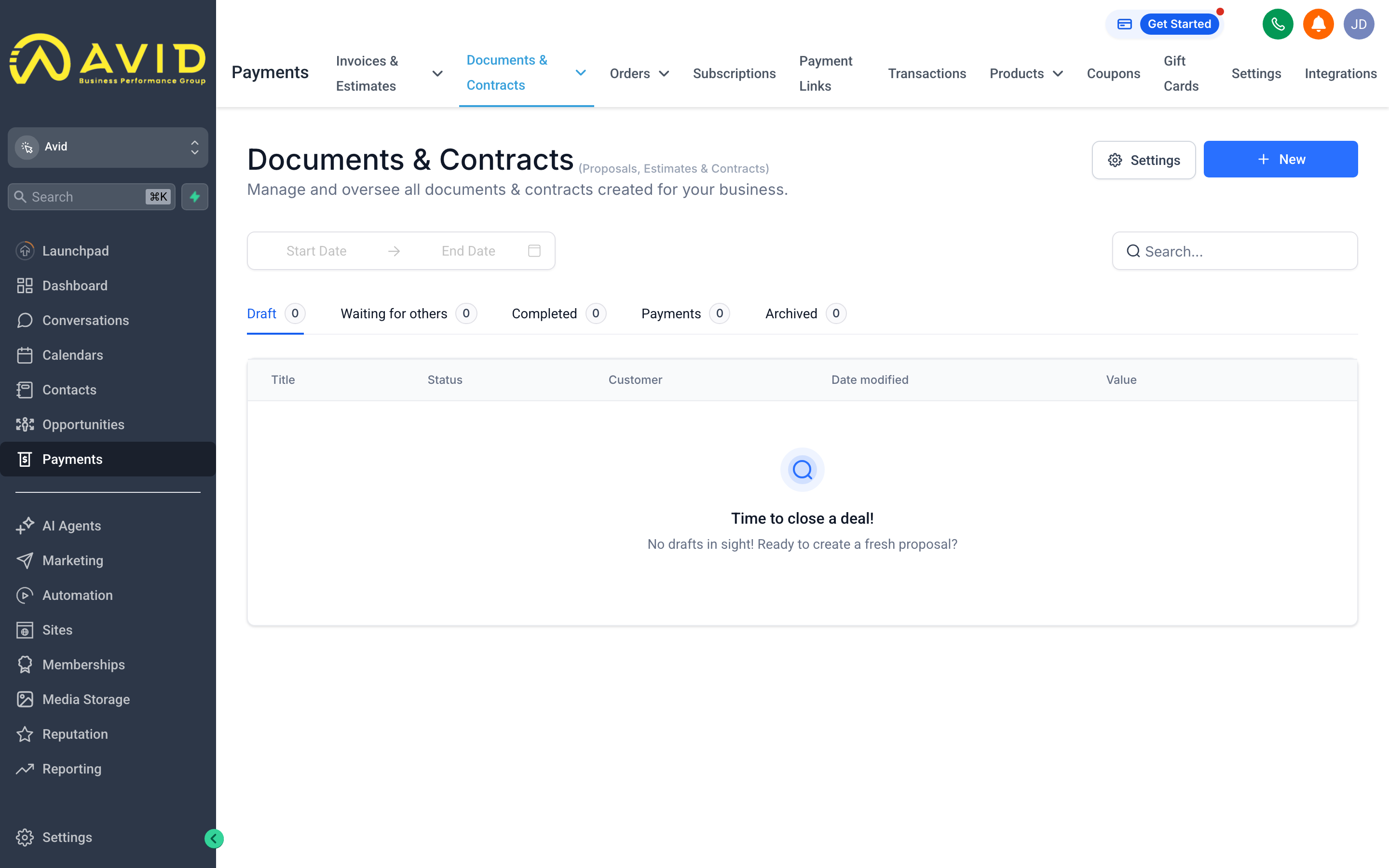 The Documents and Contracts screen showing a list of proposals and contracts with e-signature status