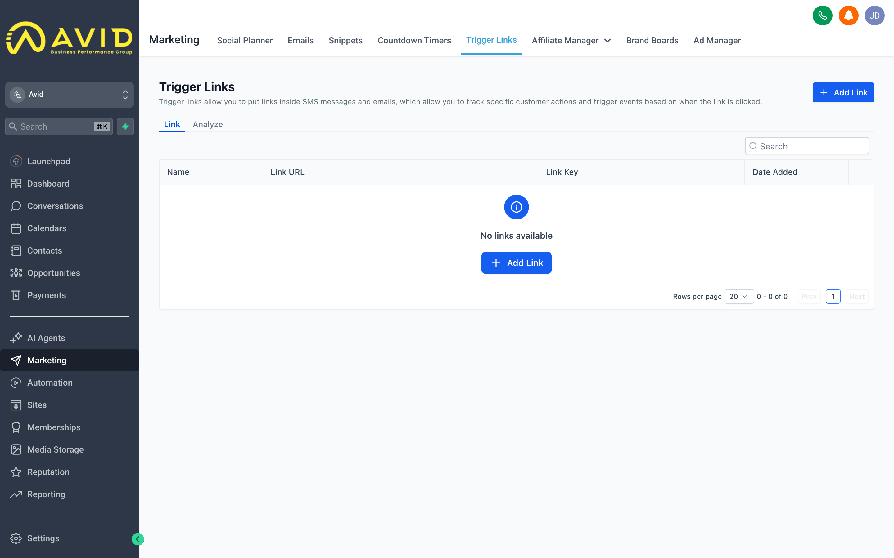The Trigger Links manager showing a list of trackable links with their target URLs, associated workflows, and click counts
