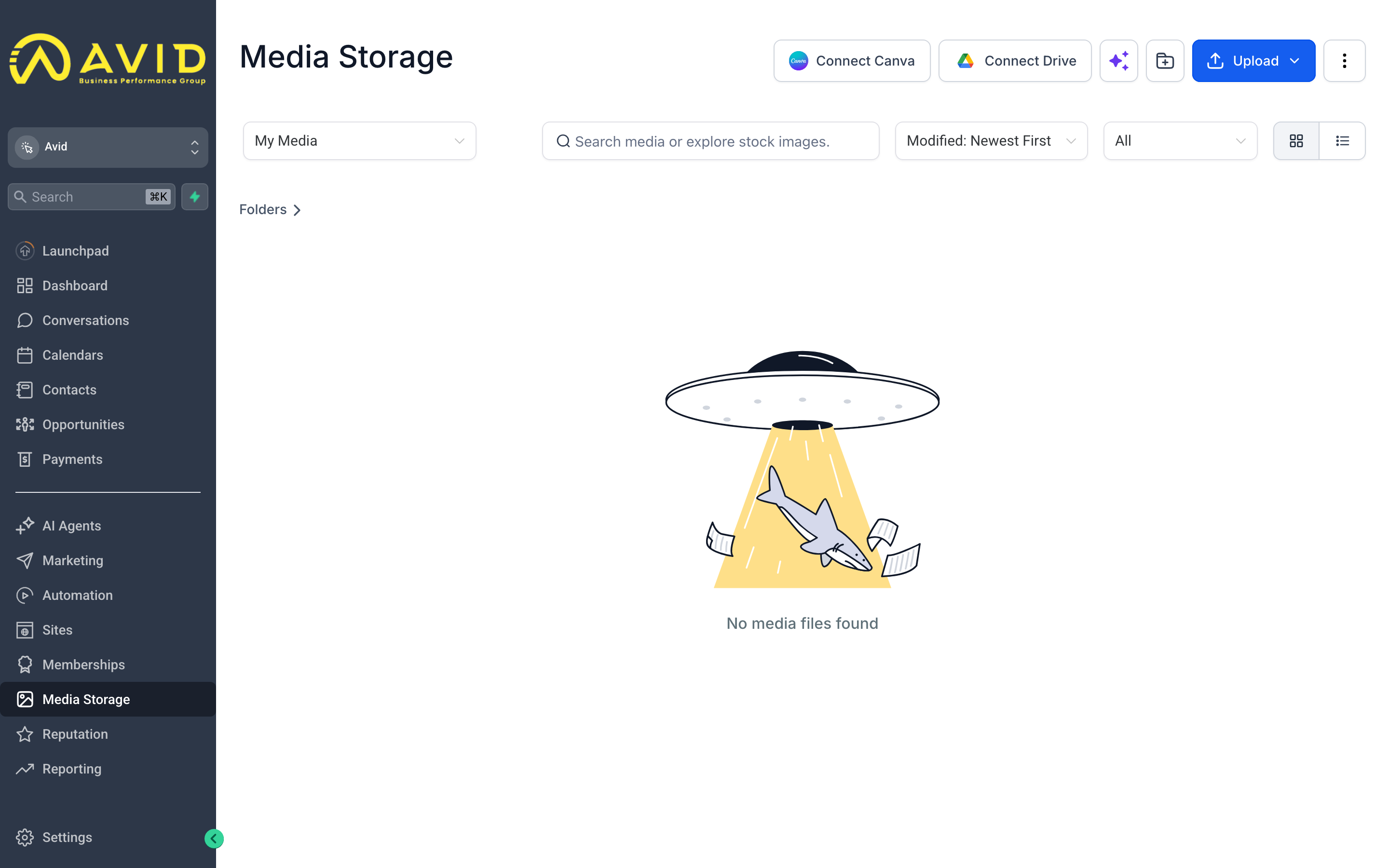 The Media Storage library showing a grid of uploaded images and videos organized into folders, with an upload button and search bar at the top