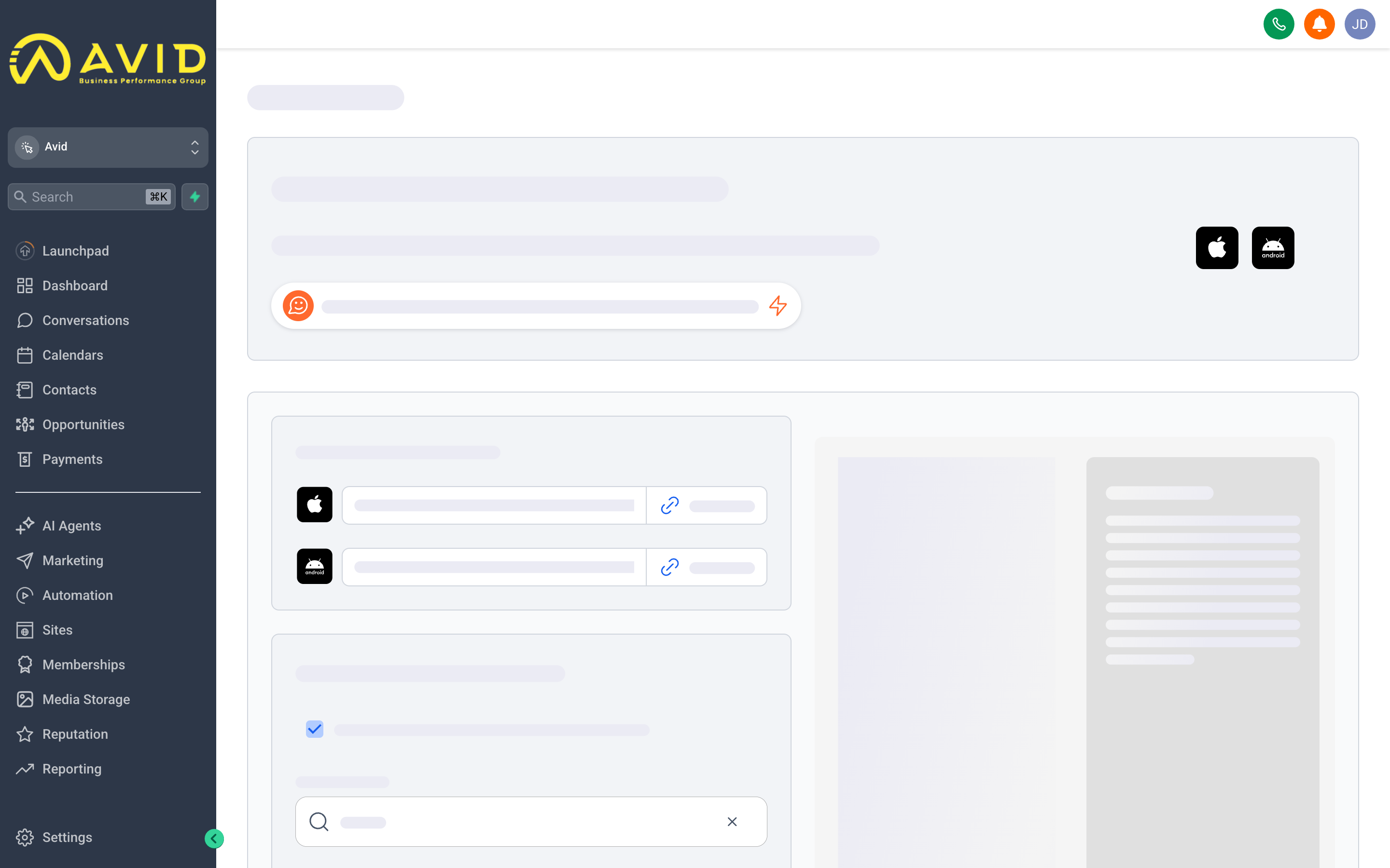 The mobile app home screen showing a conversations inbox, contact quick-actions, upcoming appointments, and a notification badge for new leads