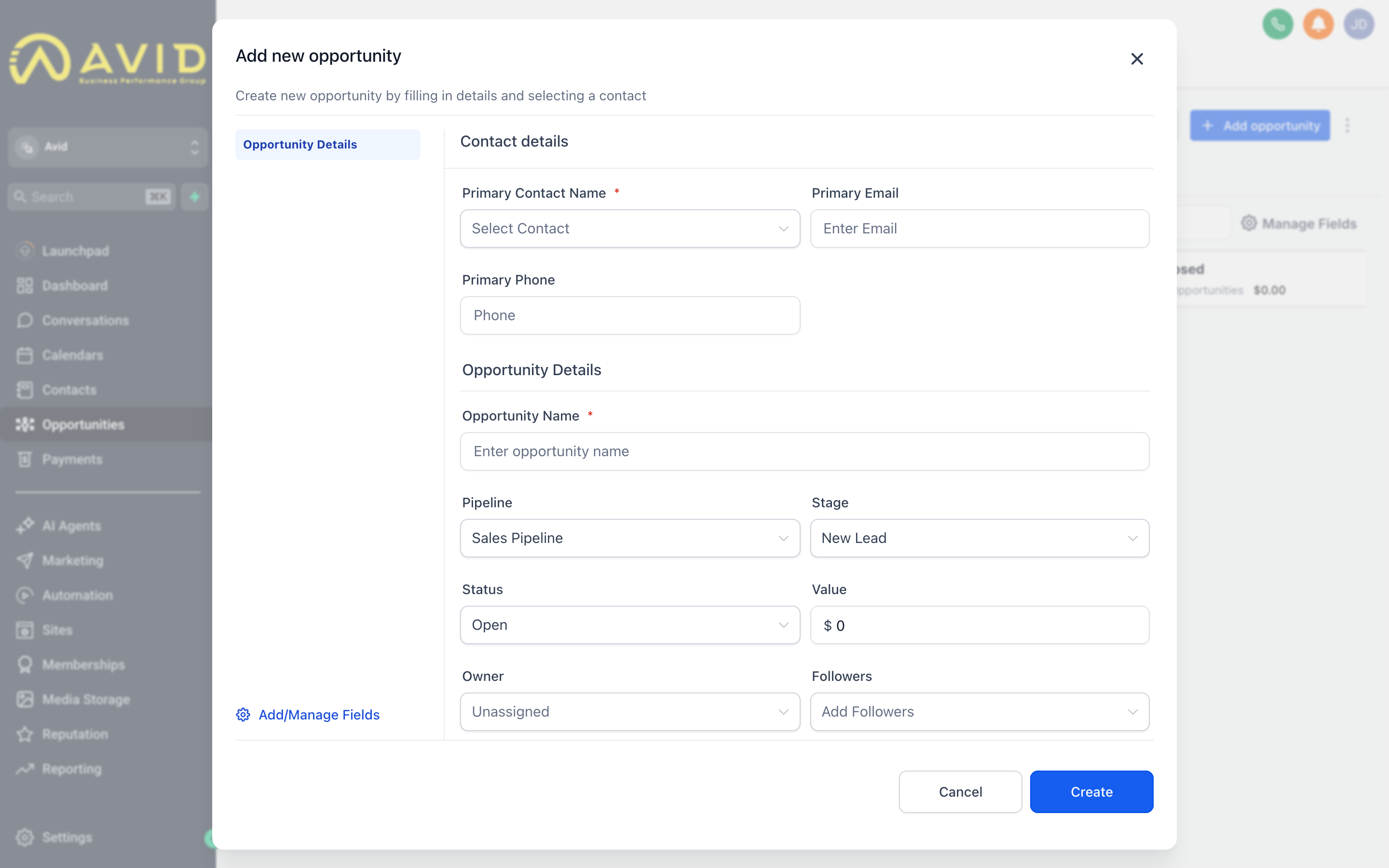 New Opportunity form showing fields for contact, opportunity name, monetary value, pipeline, stage, and assigned user