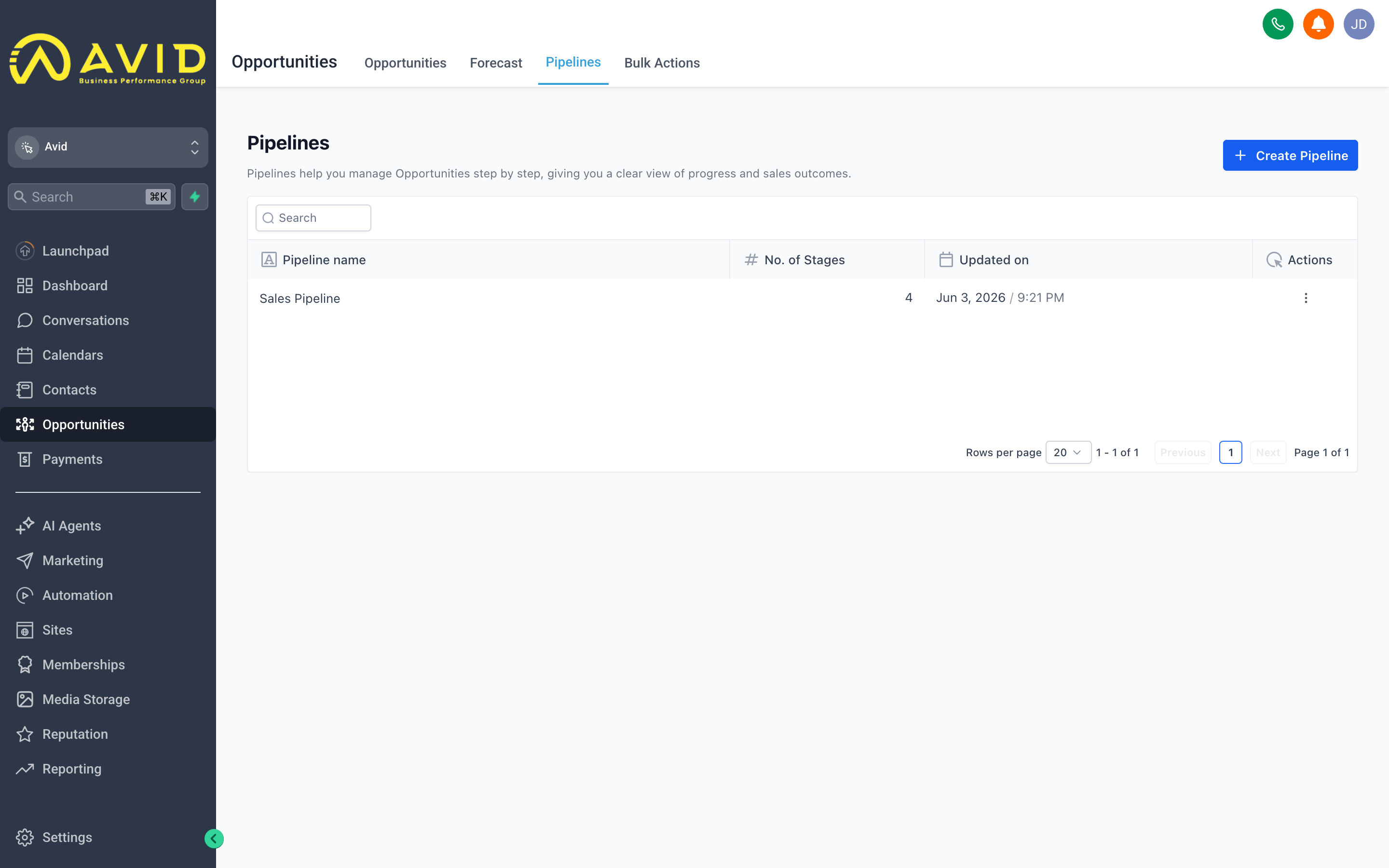 The Avid pipeline settings screen showing a list of pipelines and their editable stage names