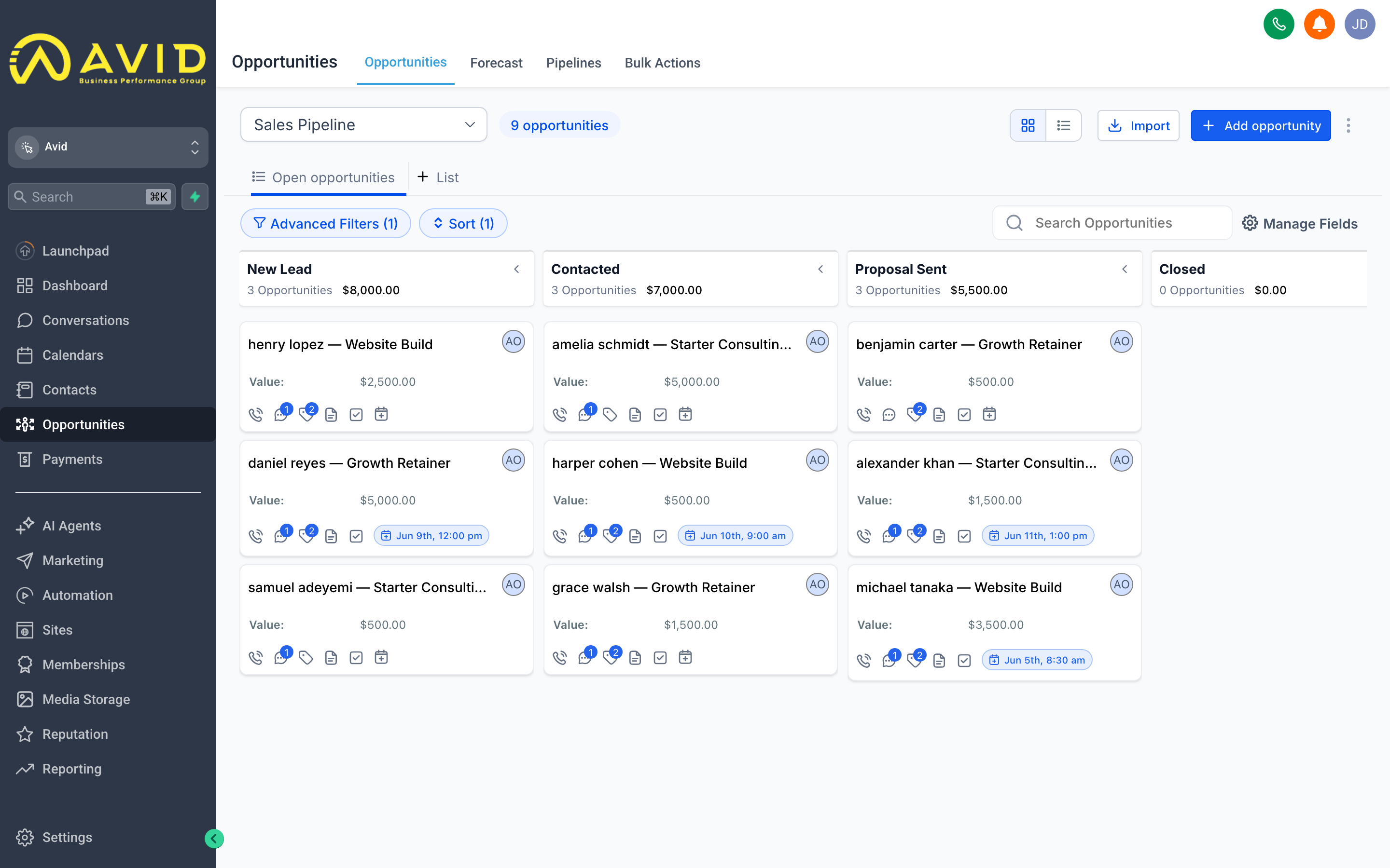 The Avid Opportunities screen showing a Kanban pipeline board with deal cards in stage columns