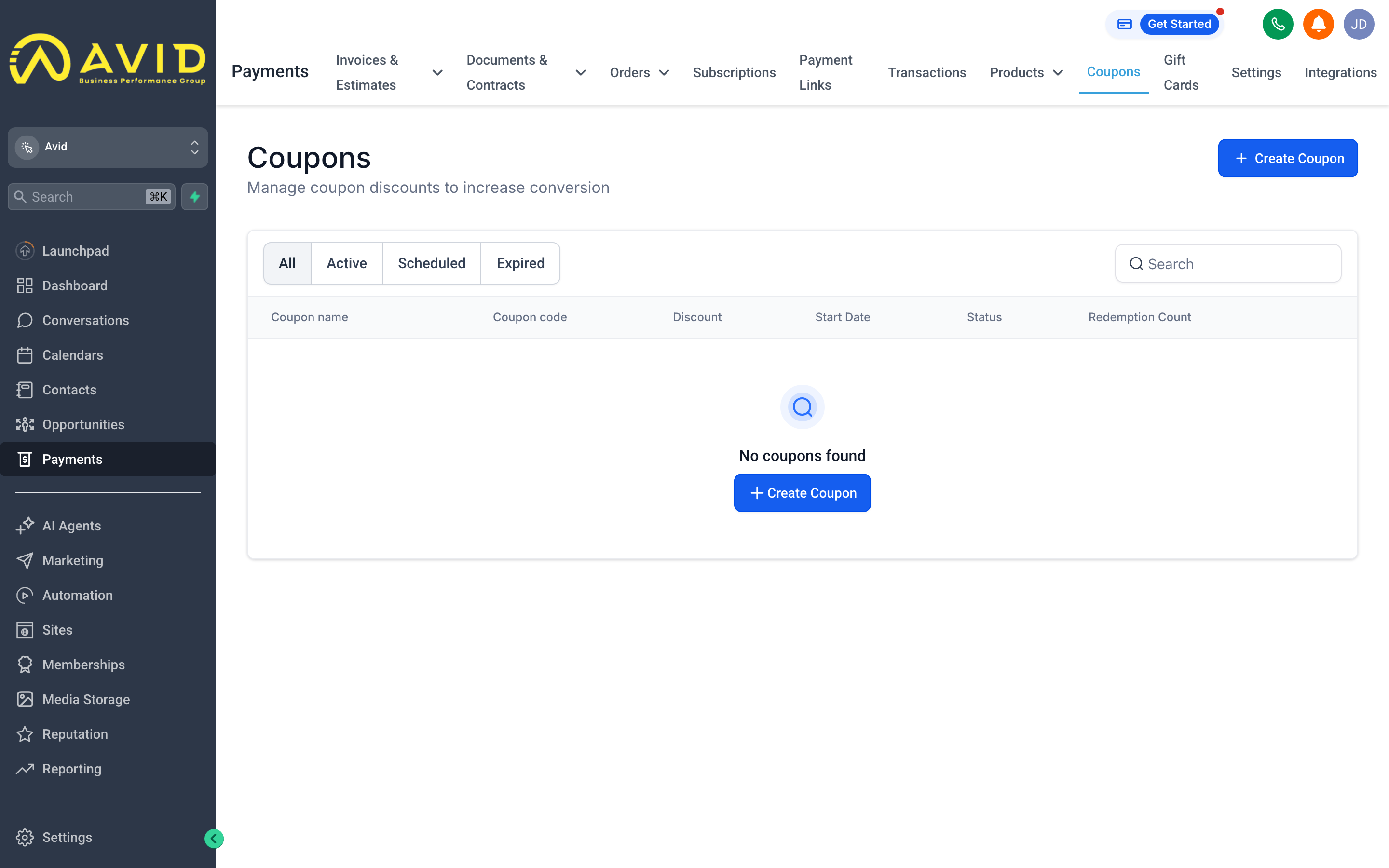 The Coupons tab showing a list of discount codes with usage limits and expiry dates