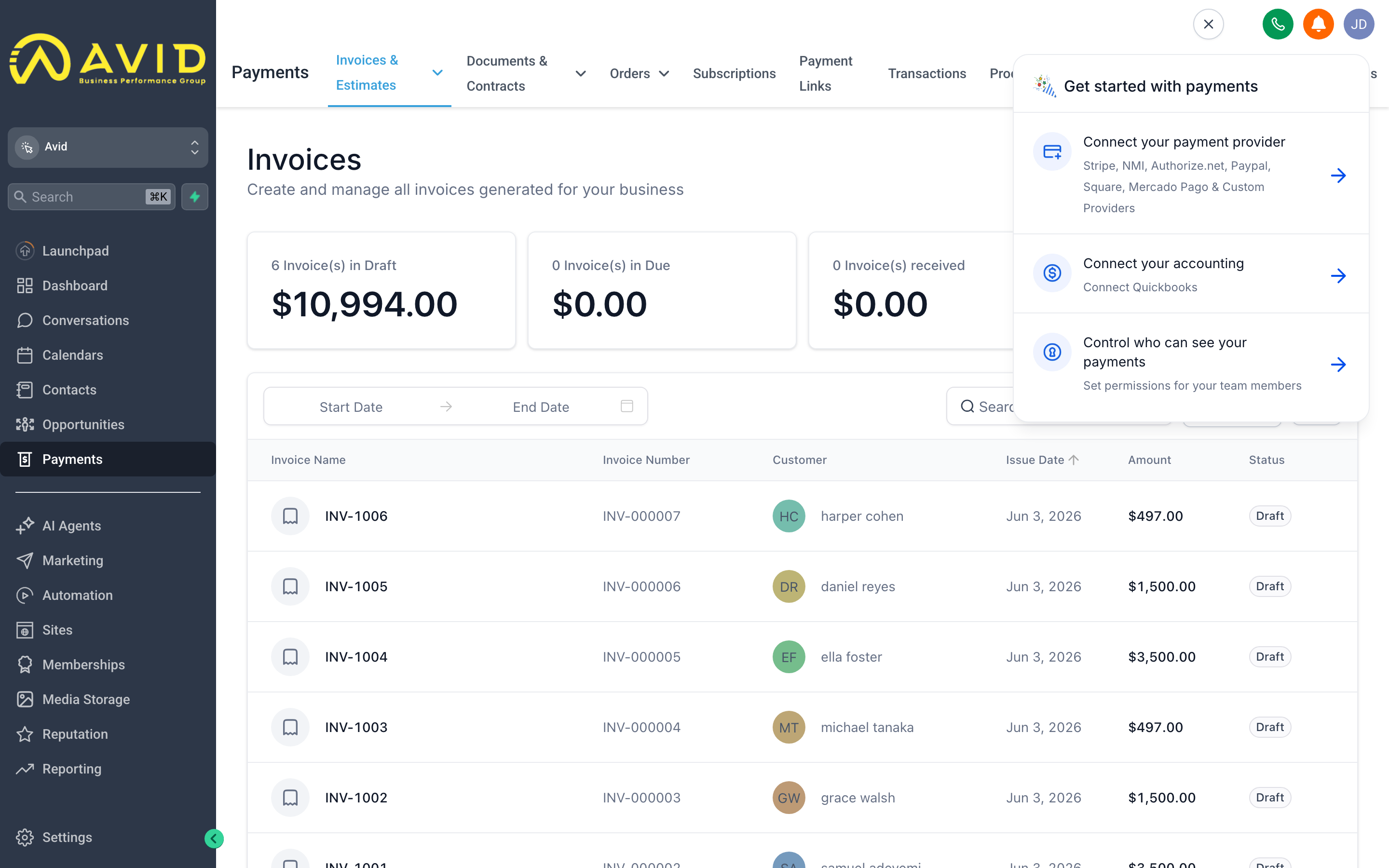 The Payments overview screen showing the Invoices tab with a list of draft, sent, and paid invoices