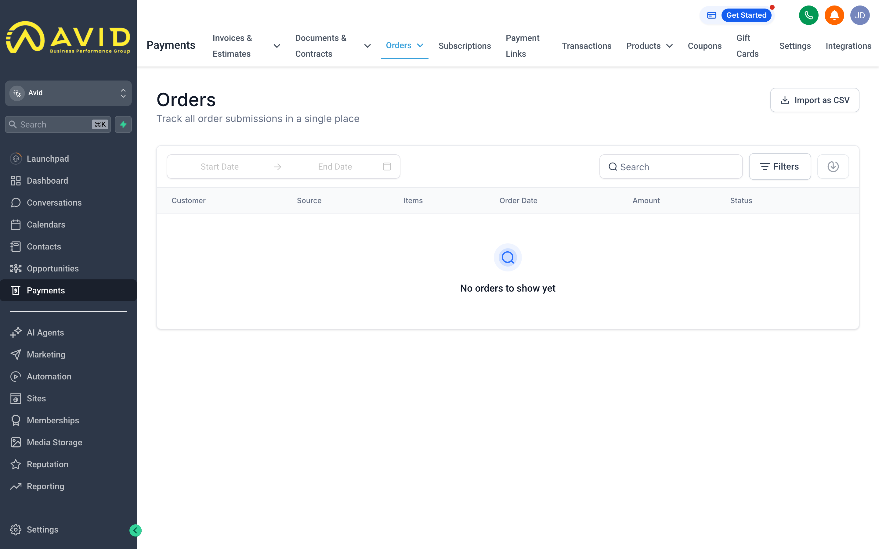 The Orders tab showing a list of completed purchases with contact names, products, and totals