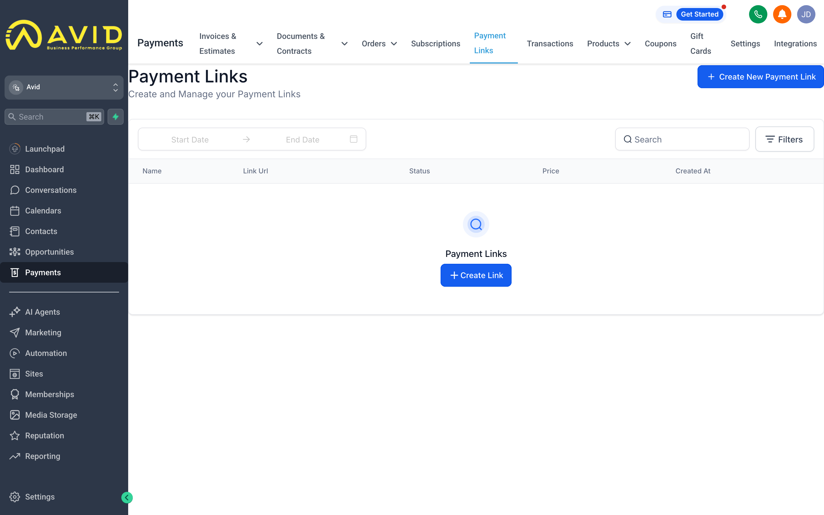 A payment link configuration screen showing a product selection and shareable URL