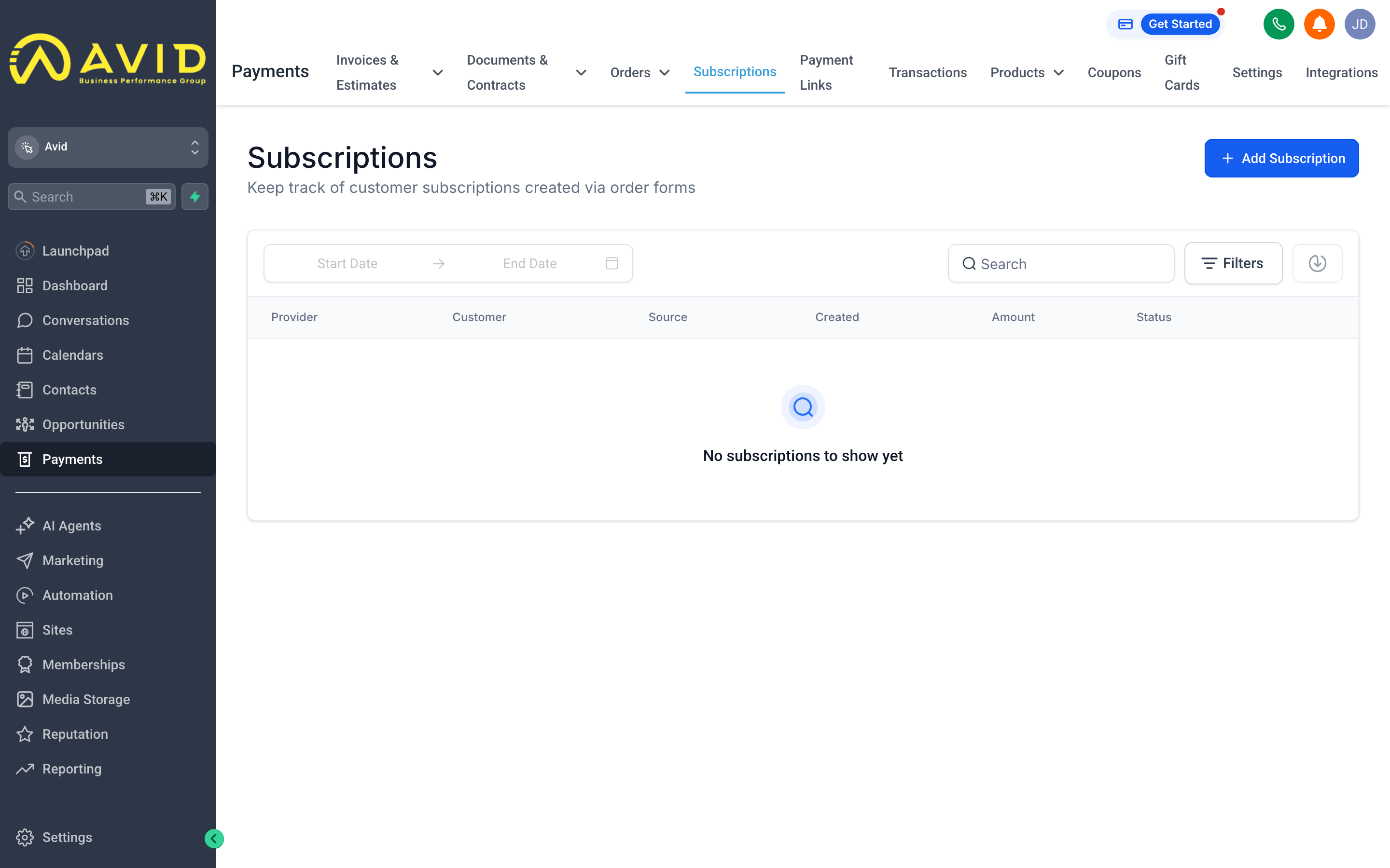 The Subscriptions tab showing a list of active recurring billing plans with renewal dates