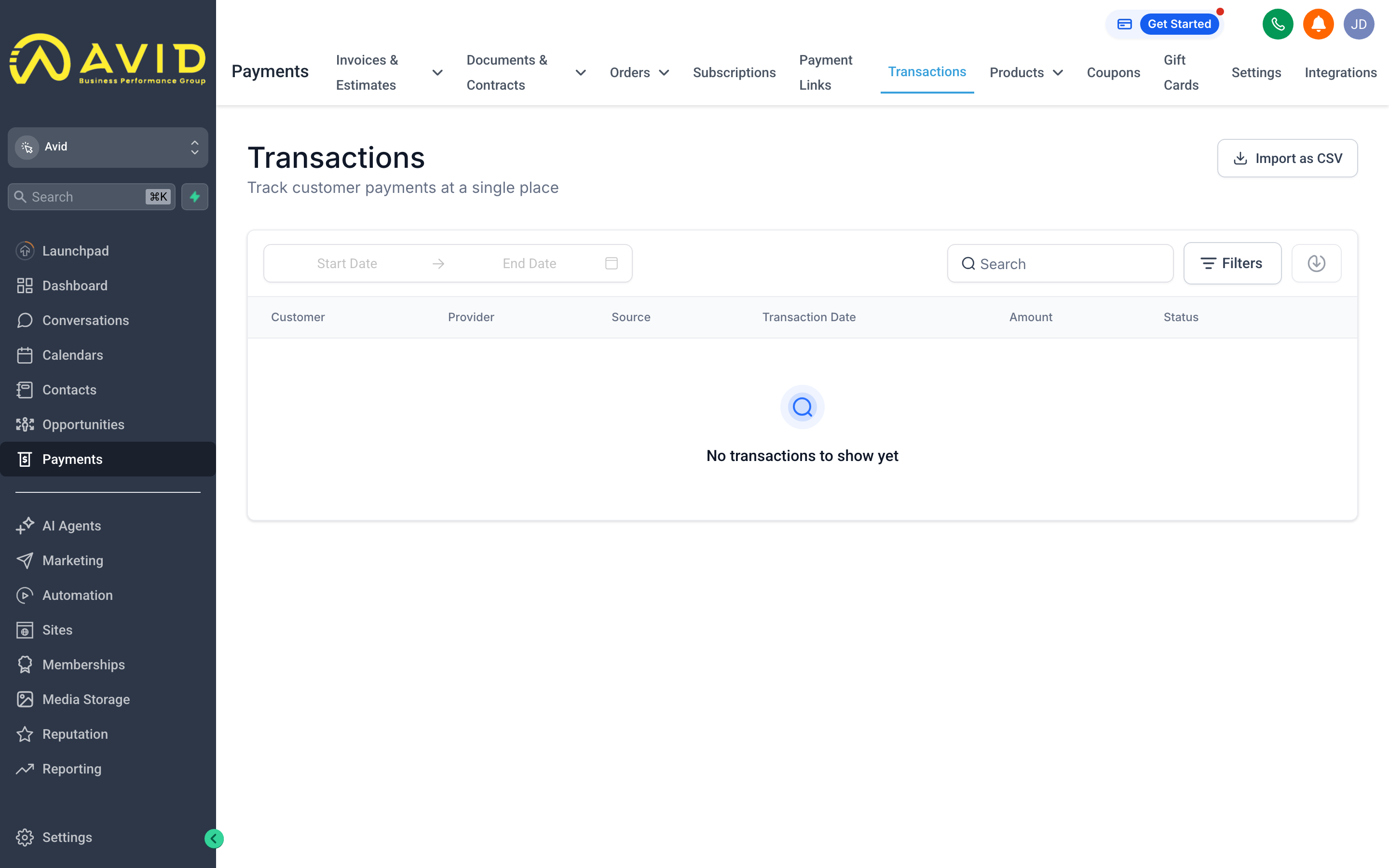 The Transactions tab showing a detailed ledger of money in and out across all payment methods