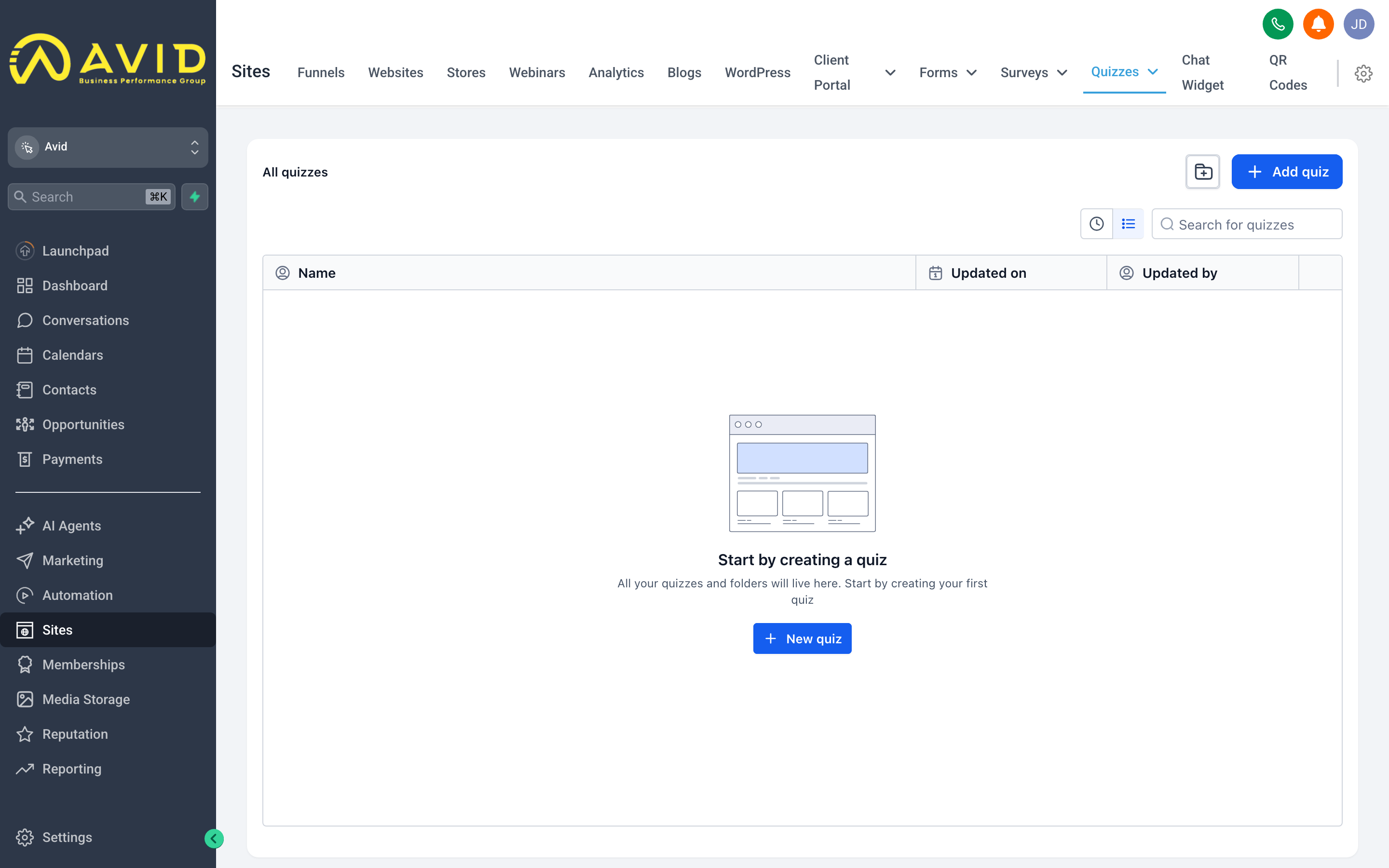The quiz builder showing a scored quiz with multiple-choice questions, answer point values, and a results page configuration panel