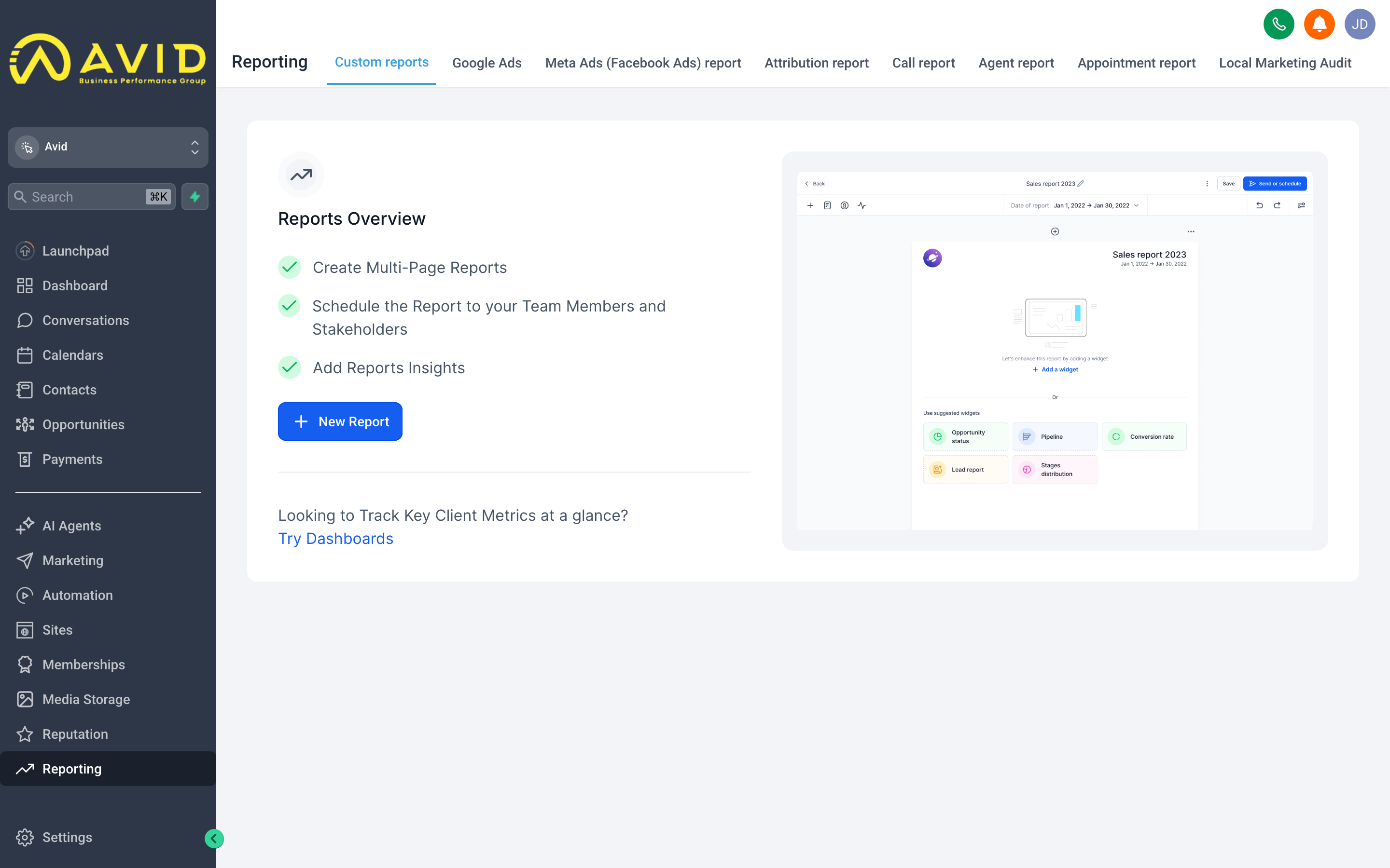 The Reporting hub overview showing summary cards for appointments, pipeline revenue, and conversion rate, with a date range selector and navigation tabs for different report types