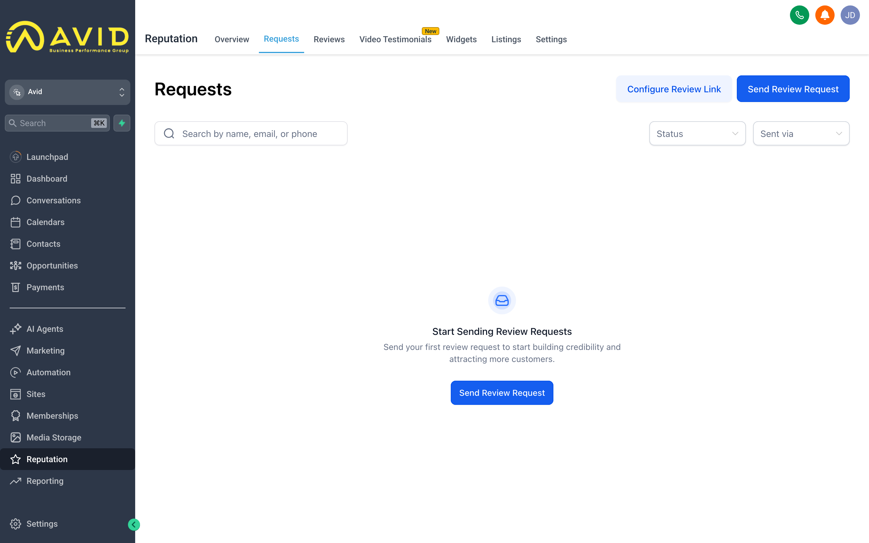 The Avid Reputation review requests screen showing a contact search field, SMS and email channel options, and a send button