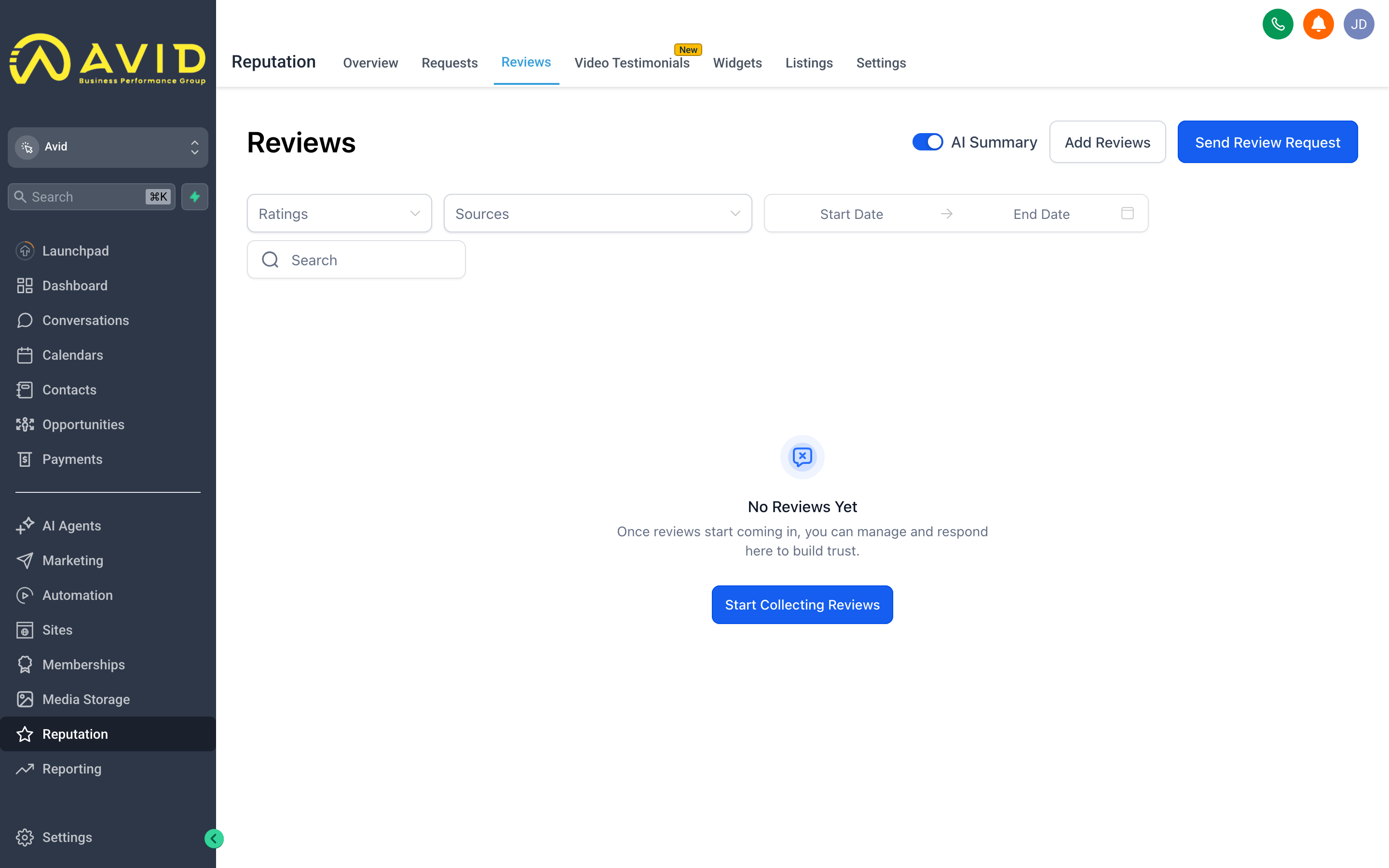 The Avid Reputation reviews screen showing a list of incoming reviews with star ratings, review text, and reply fields