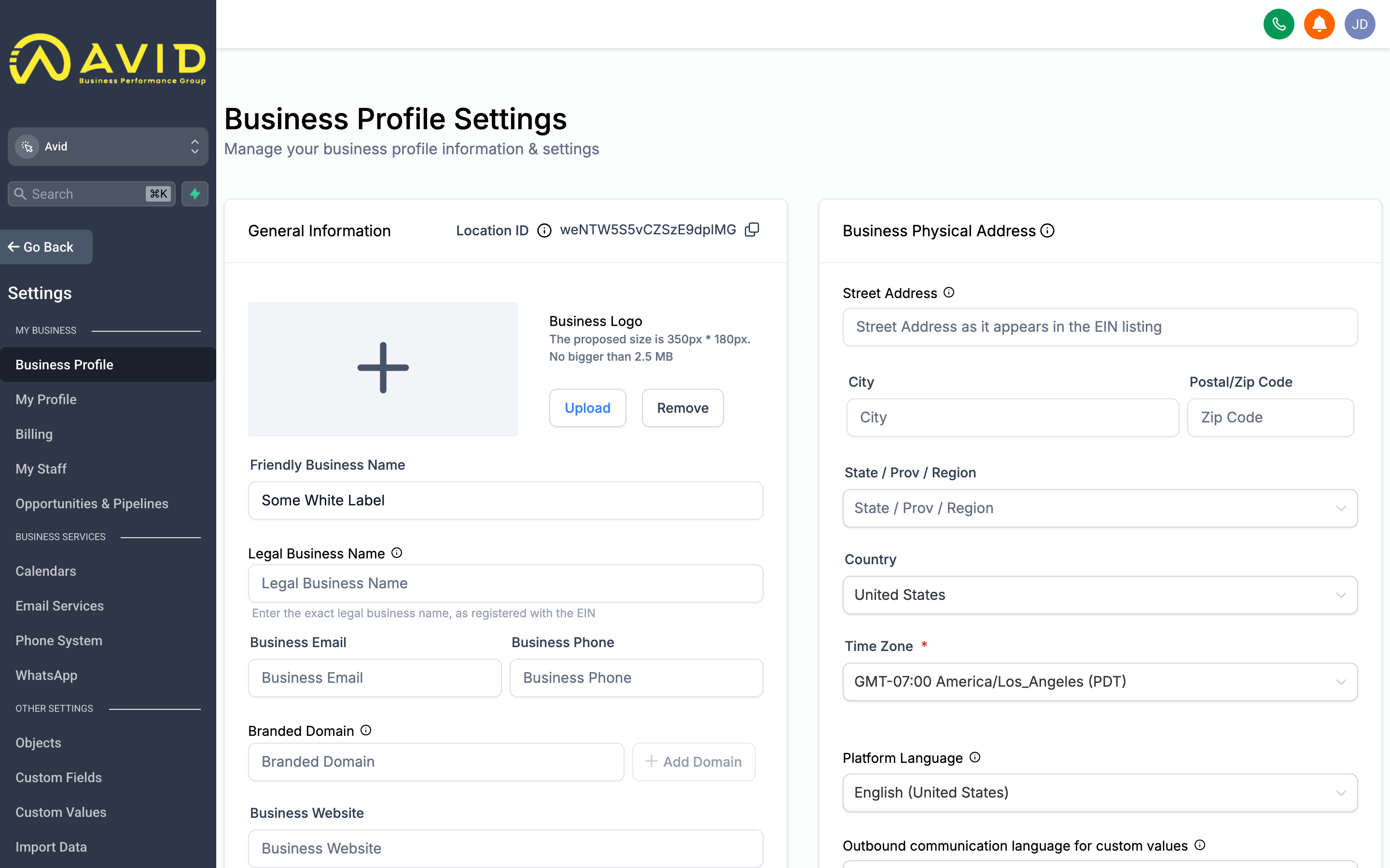 The Business Info settings page showing fields for company name, address, phone, website, and business hours