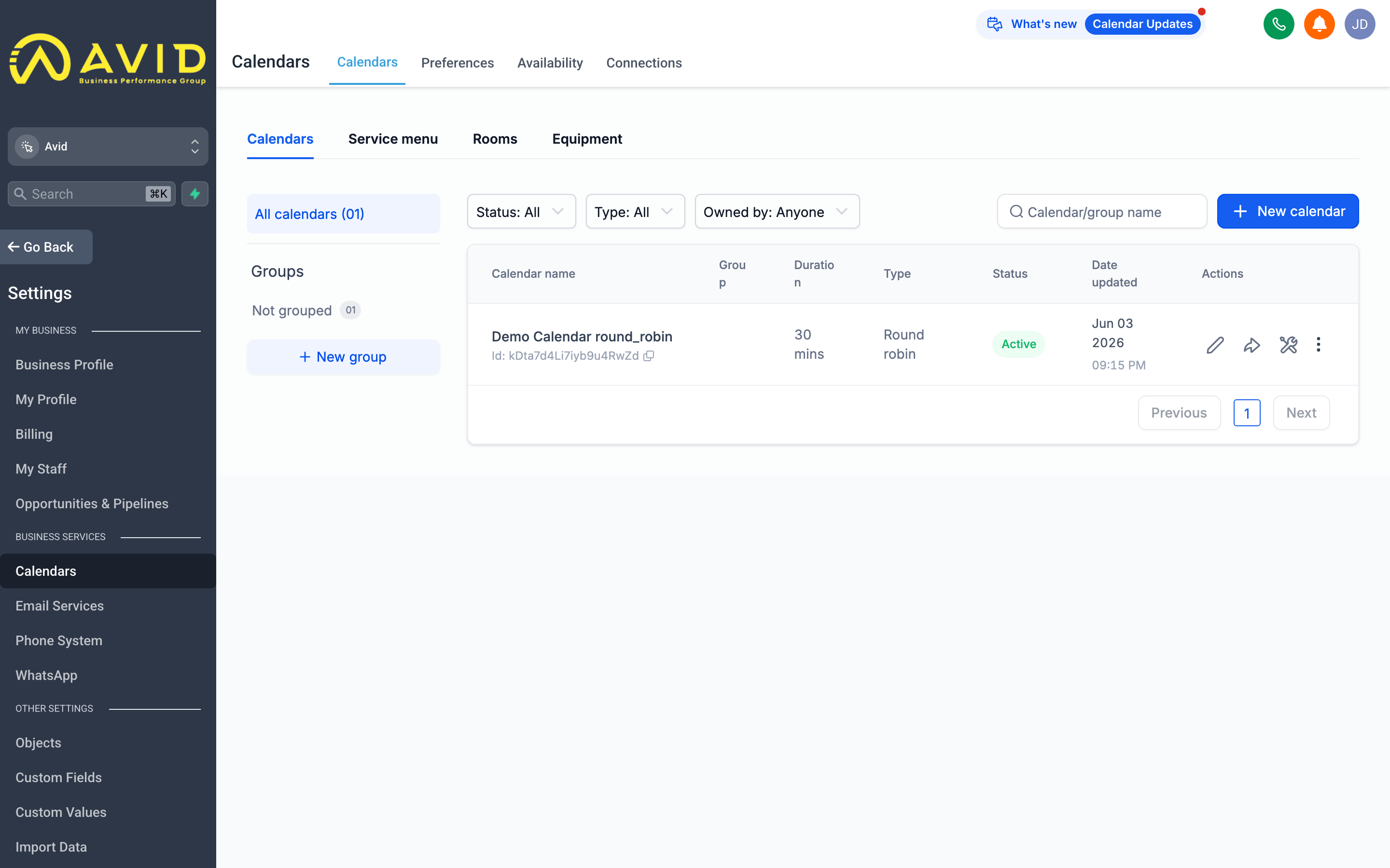 The Calendar Settings page showing availability slots, appointment types, and booking rules