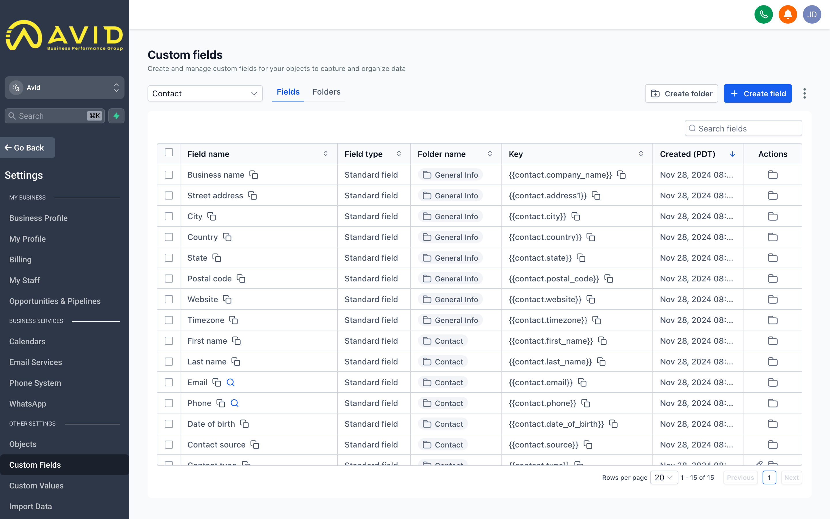 The Custom Fields settings page showing a list of contact fields with their types and labels