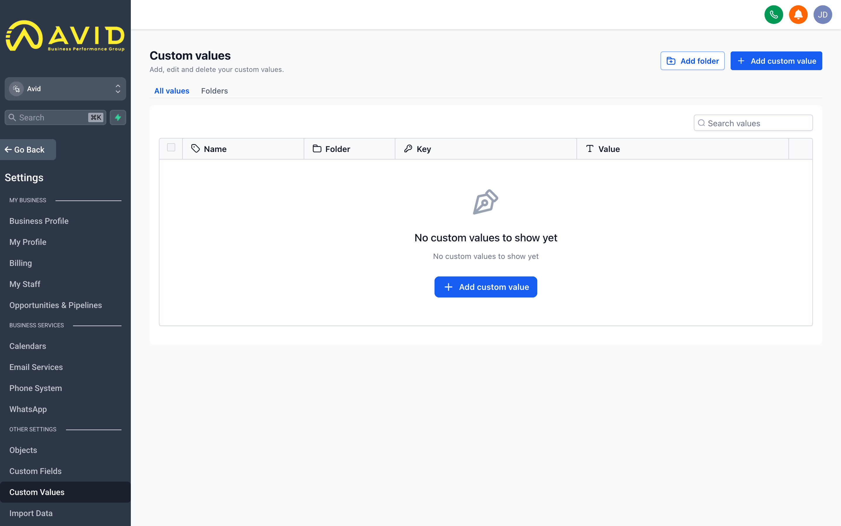 The Custom Values settings page showing a list of reusable variable names and their current values