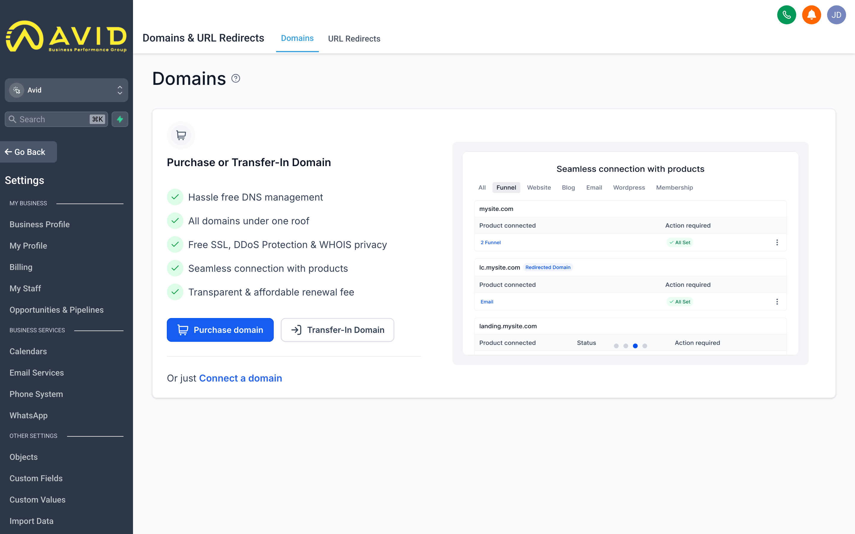 The Domains settings page showing a custom domain connected to the account with SSL status and assignment options