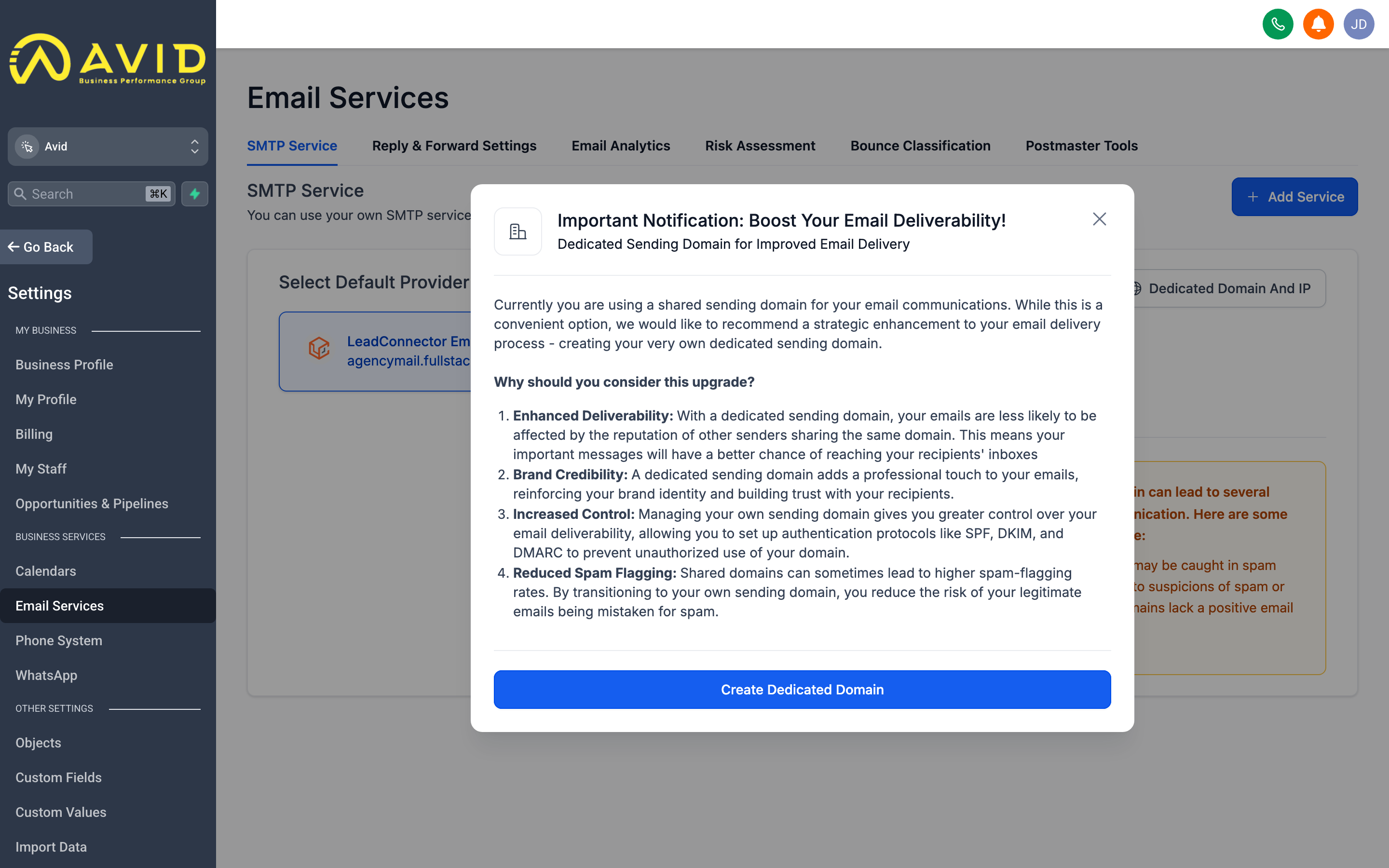 The Email Settings page showing a connected sending domain, DKIM verification status, and SMTP configuration options