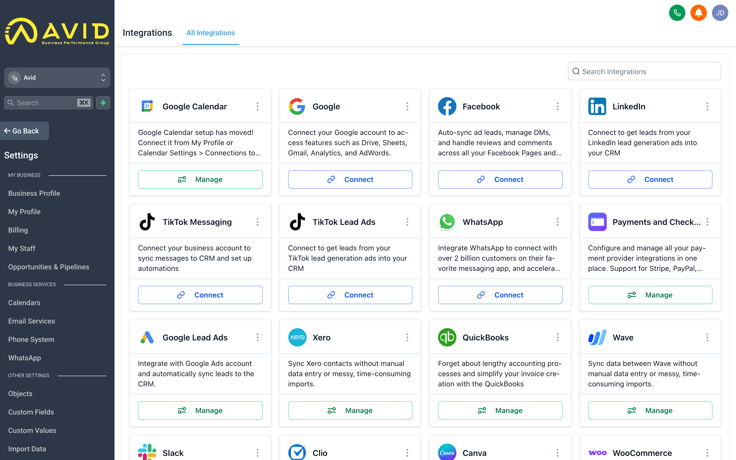 The Integrations settings page showing a grid of available app integrations with connection status indicators