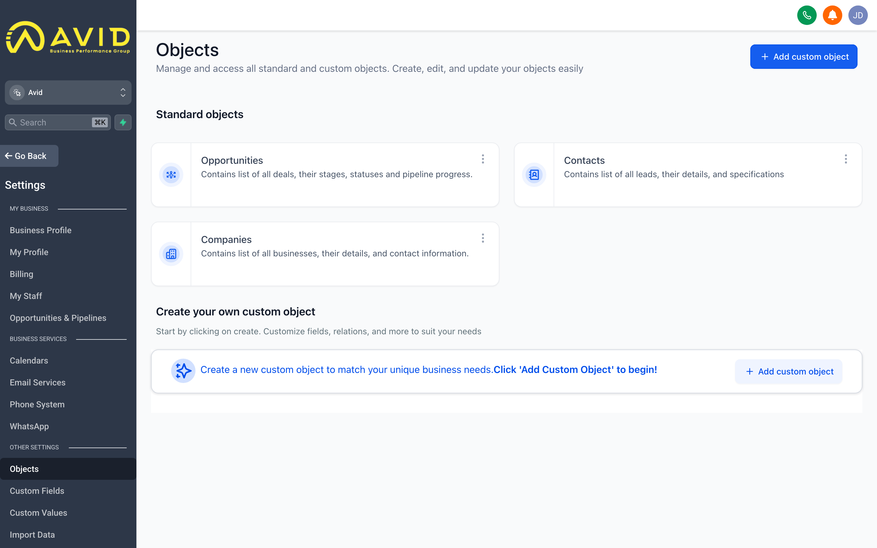 The Custom Objects settings page showing a list of object types with their fields and relationship definitions