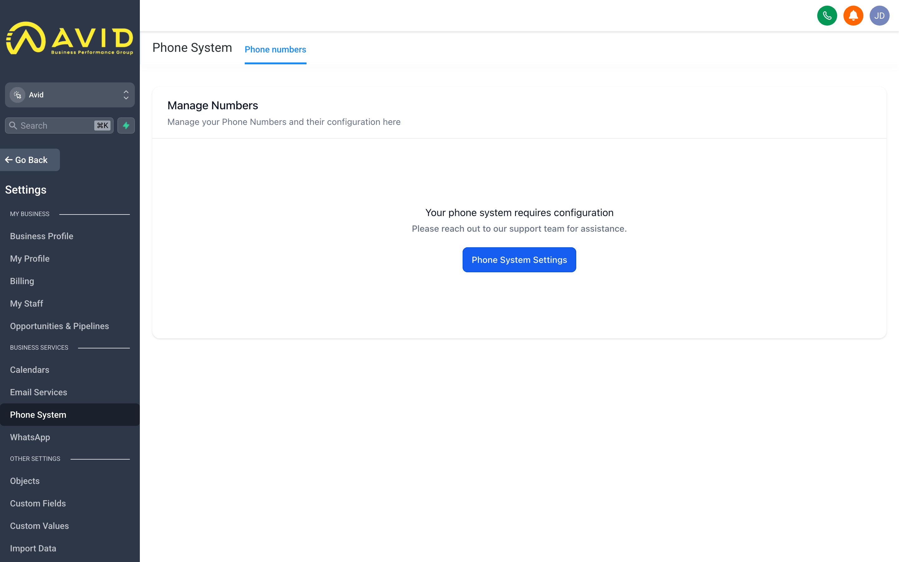 The Phone Settings page showing a list of purchased phone numbers with their capabilities and assignment status
