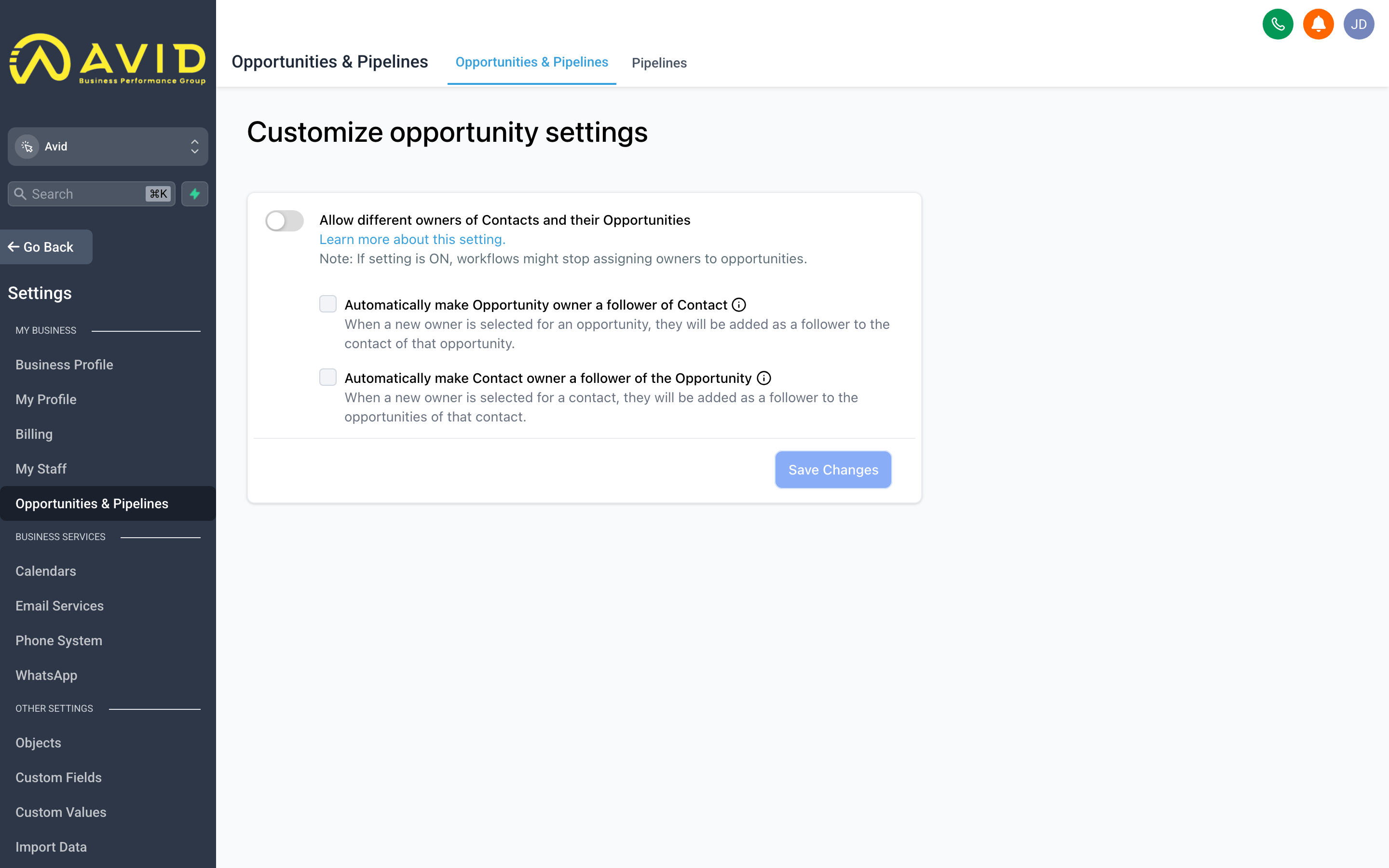 The Pipelines settings page showing a list of pipelines with their stages displayed as columns