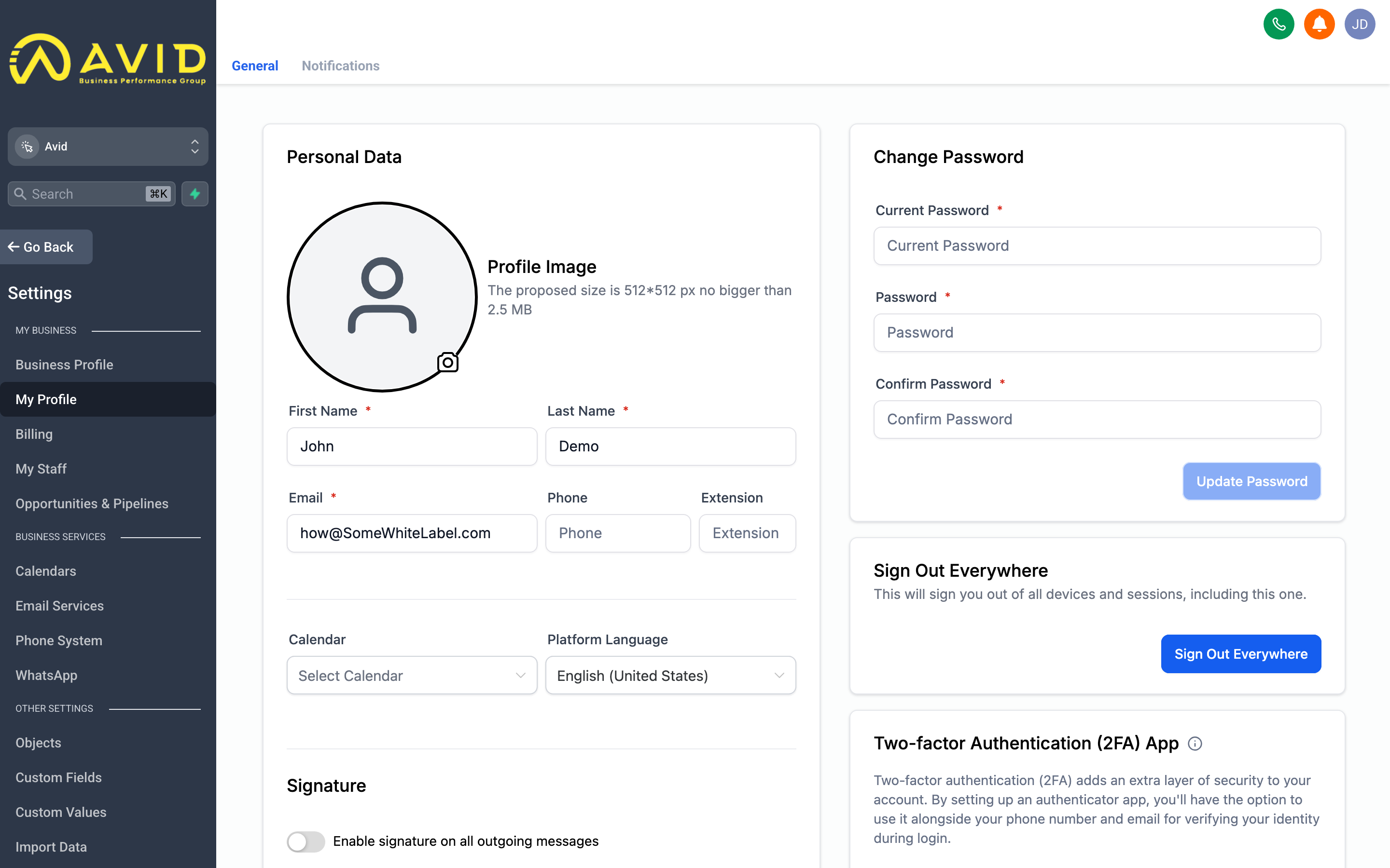 The My Profile page with fields for name, email, password, notification preferences, and email signature