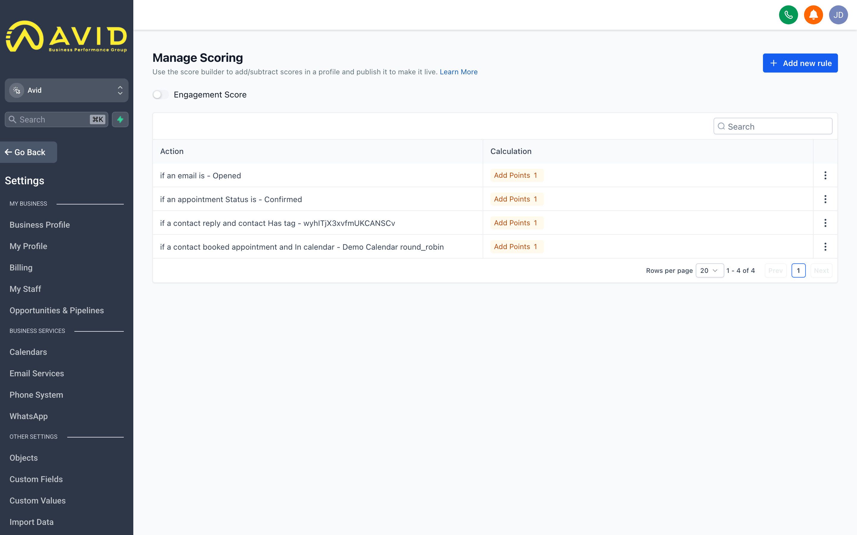 The Lead Scoring settings page showing scoring rules with point values assigned to contact actions and attributes
