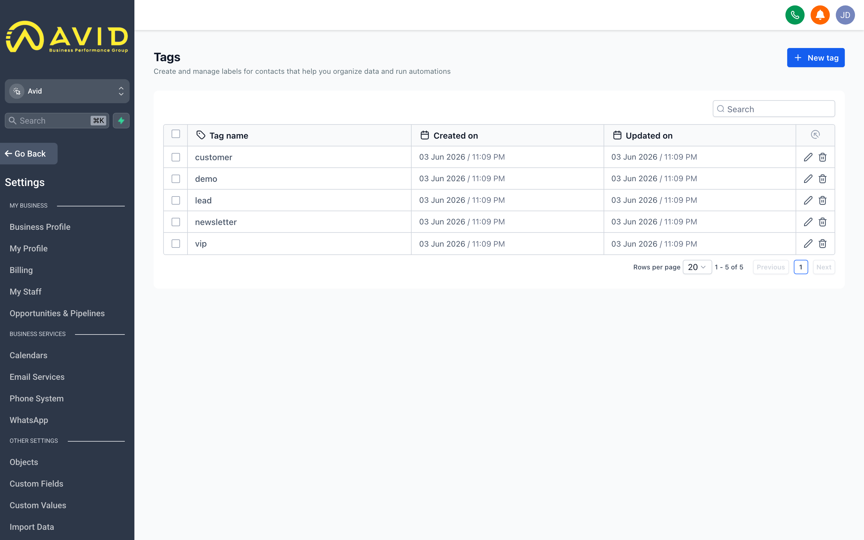 The Tags settings page showing a searchable list of tags used across the account with contact counts