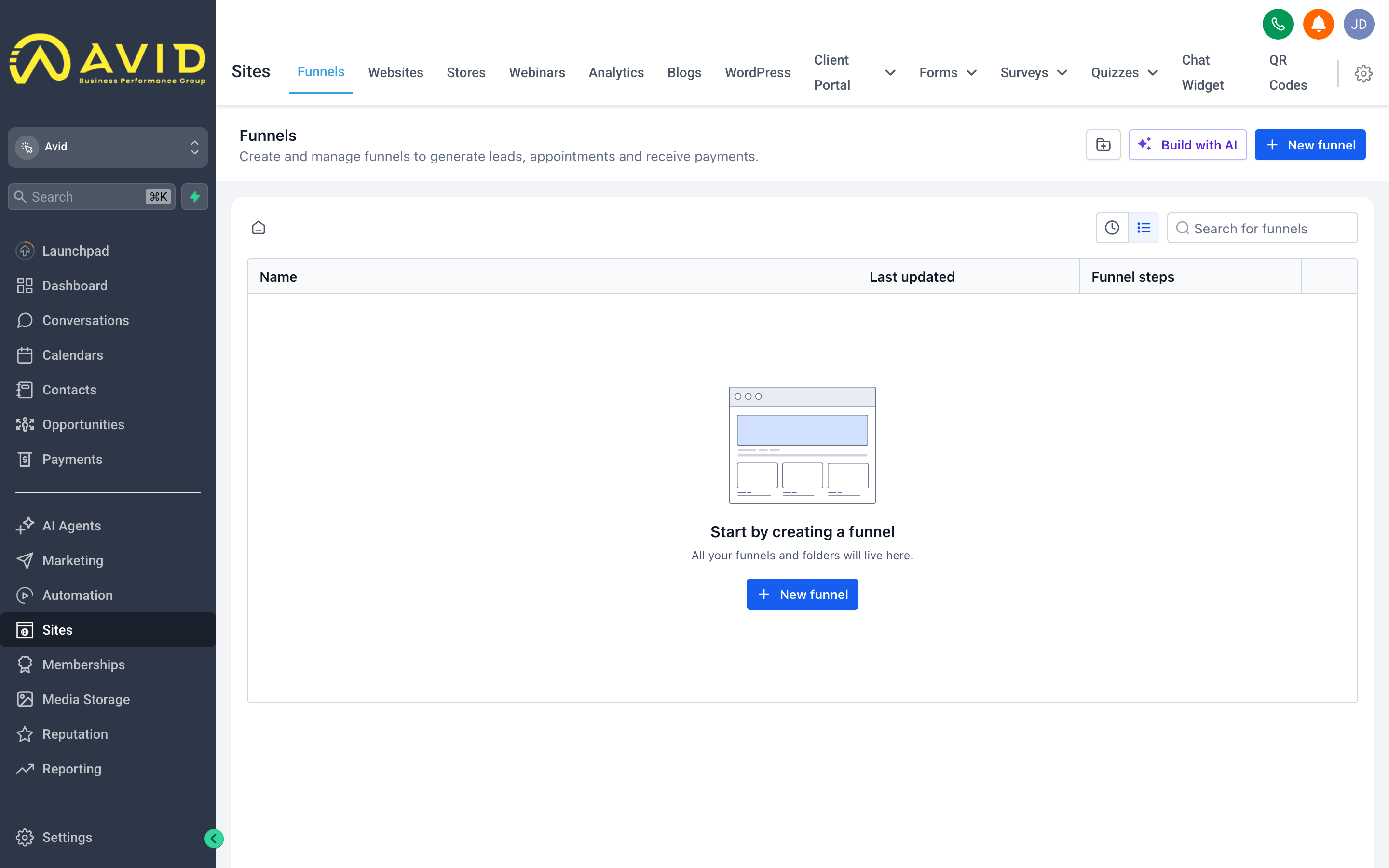 The Funnels list view showing multiple funnel entries with step counts, traffic stats, and options to edit or preview each